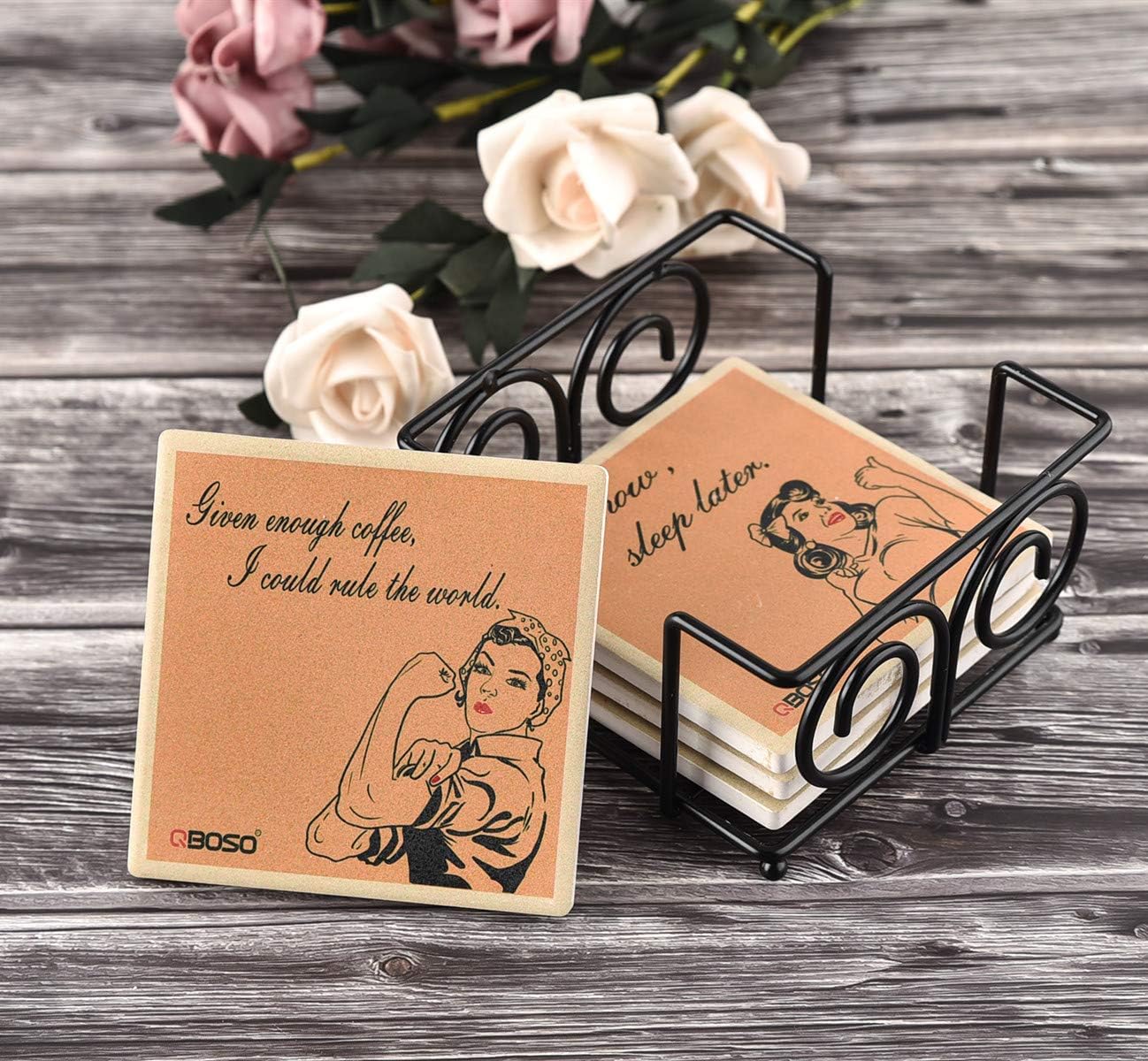 Coaster Holder 4.3 Inch Black Iron Metal Holder Storage Caddy for Both Round and Square Coasters Fit 4 to 9 Pieces Coasters (1 PC)