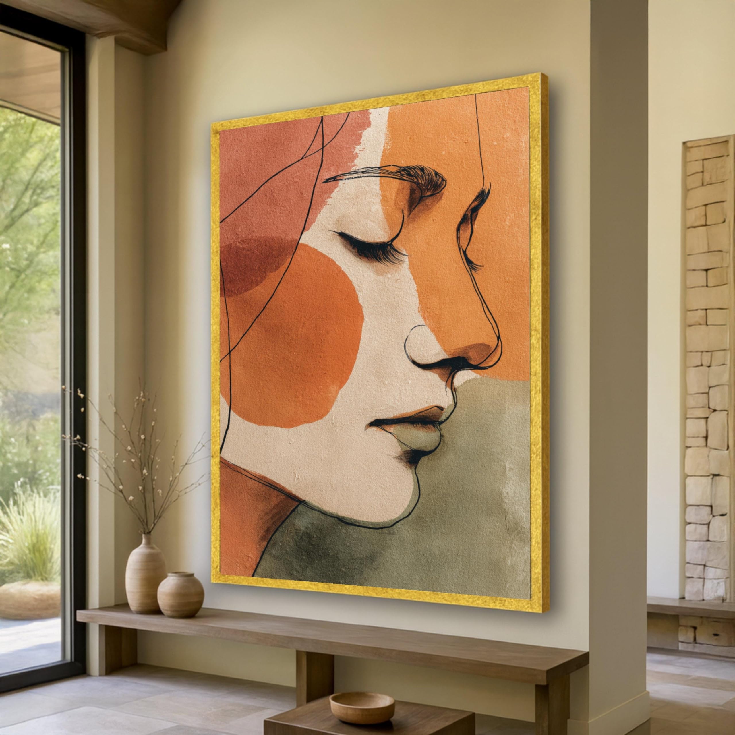 Caoxtart Men's Frameless Abstract Woman Face Canvas Wall Art, Minimalist Portrait Posters And Prints, Earth Tone Home Decor, Line Art Painting(60X80cm/Frameless)