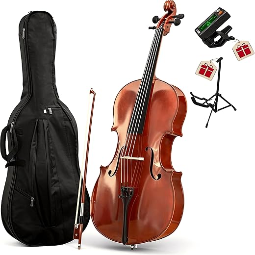 PYY Cello 4/4 Full Size - Solid Wood Acoustic Cello Package with Stand, Case, Bow, Rosin, Tuner & Extra Strings, Perfect for Students & Adult Beginners