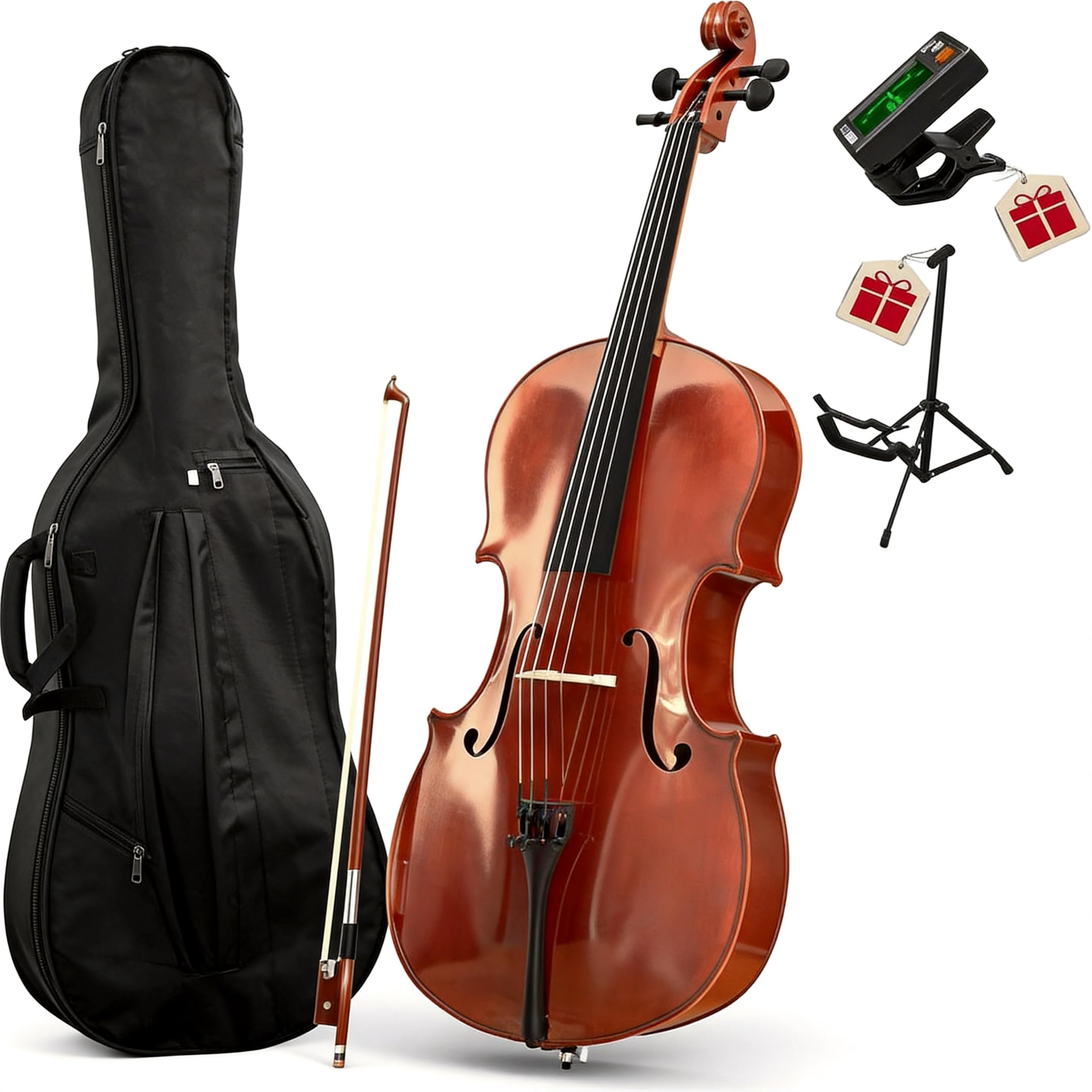 Photo 1 of PYY Cello 4/4 Full Size - Solid Wood Acoustic Cello Package with Stand, Case, Bow, Rosin, Tuner & Extra Strings, Perfect for Students & Adult Beginners?Red?