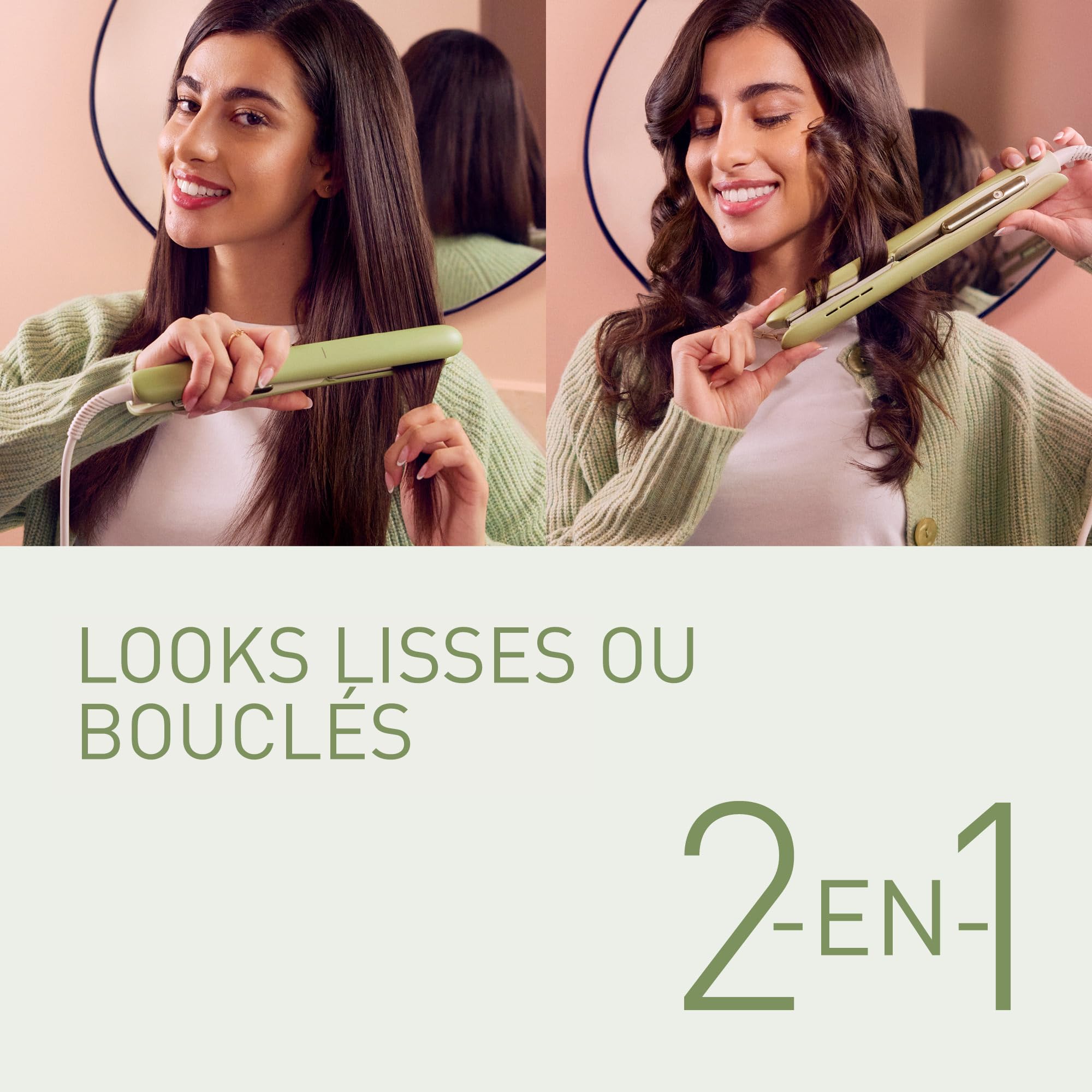 Panasonic EH-HV31-G503 Styler Capillaire Ionique 2-en-1, Lisseur et Boucleur, 5 Températures jusqu'à 210°C, Plaques 3D, Verrouillage Voyage, Tension Auto, Vert Matcha