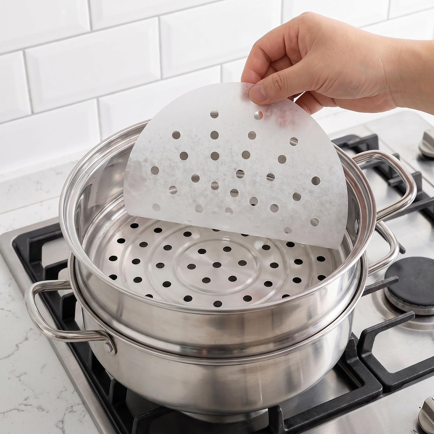 Luxshiny 500pcs Silicone-Coated Bamboo Steamer Liners: Non-Stick Mesh Mats - Perforated Parchment Paper with Hole for Steamed Bun Dumplings Veggies Dim Sum - 7" White