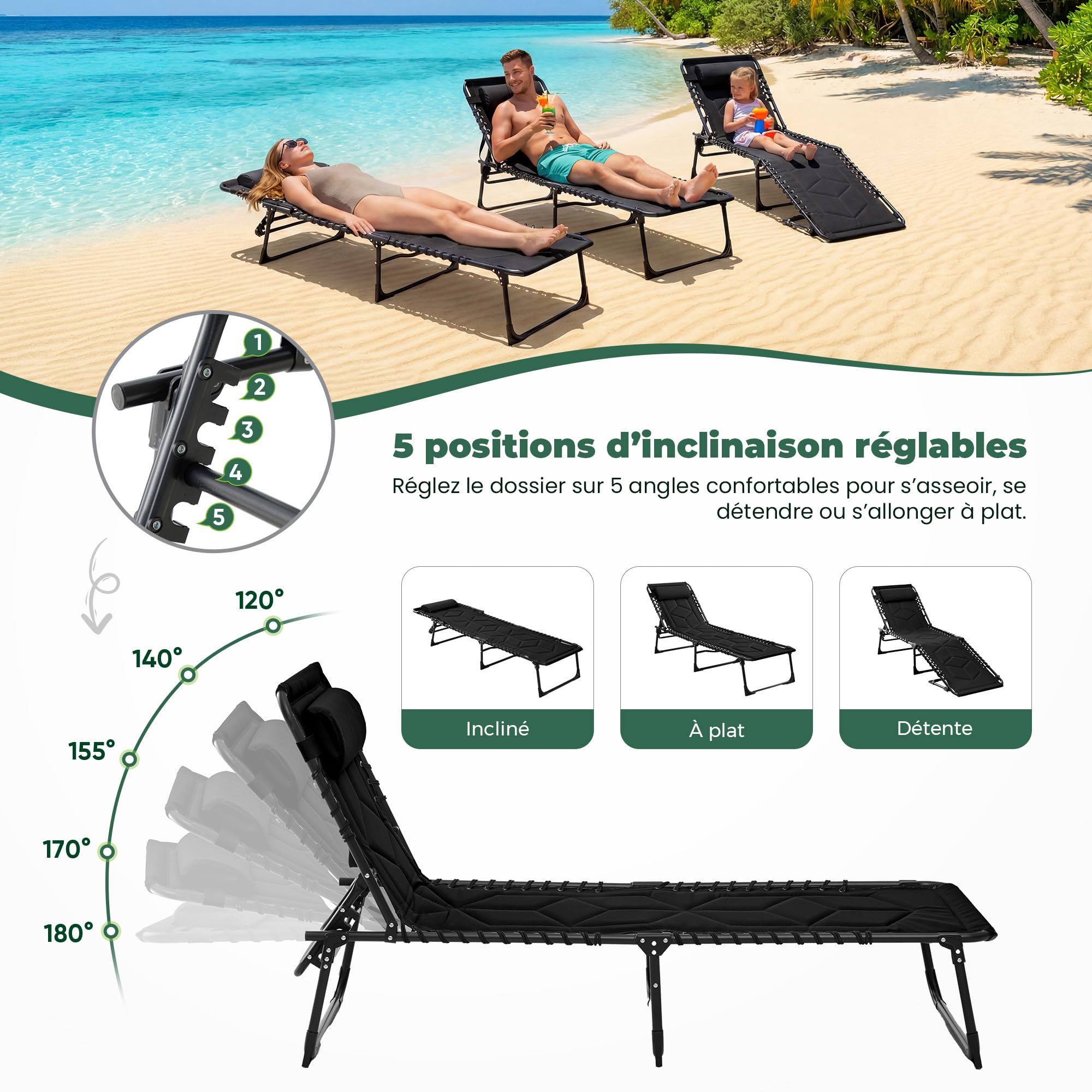 Palawano Transat de Jardin Extérieur Pliable Rembourré 190 × 70cm | Dossier Réglable 5 Positions , Appui-Tête Réglable, Cadre en Acier Supportant 200kg, Toile Oxford 600D ; Plié : 75×55×13cm