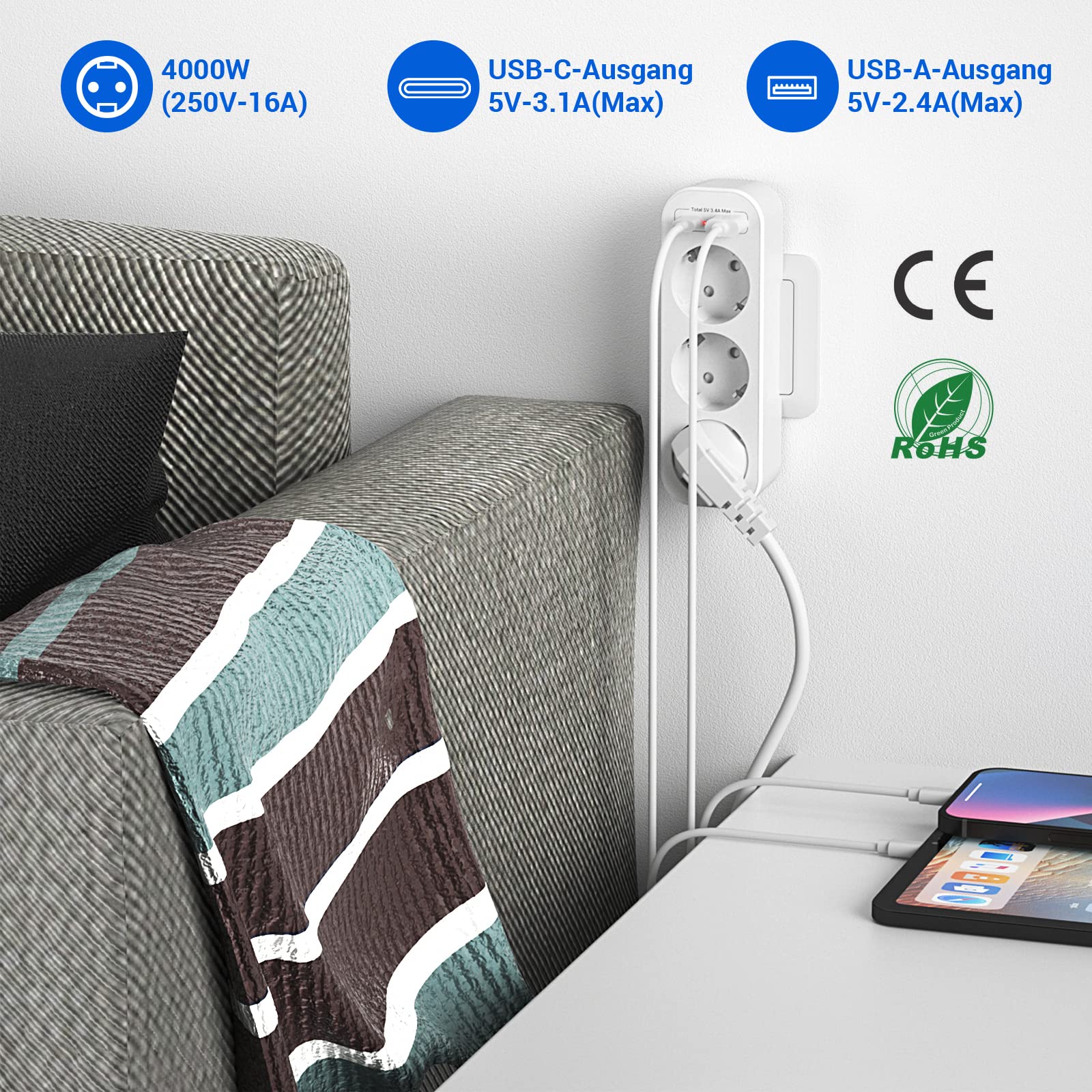 Adaptateur Prise 4 Ports USB/Type-C 120W - Charge Rapide Pour Maison, Voyage - Compatible Téléphone, Ordinateur