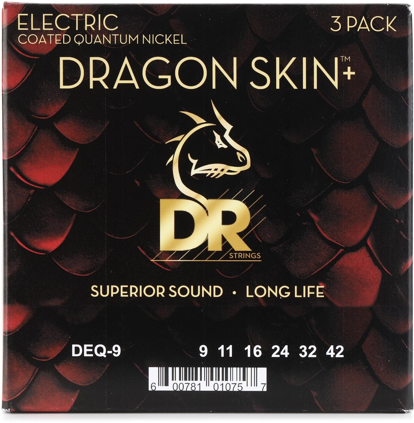 DR Strings Dragon Skin+ DEQ-9 Confezione da 3 – Corde per chitarra elettrica rivestite in Quantum Nickel 009-042 (Light) – Tecnologia Accurate Core, durata extra lunga