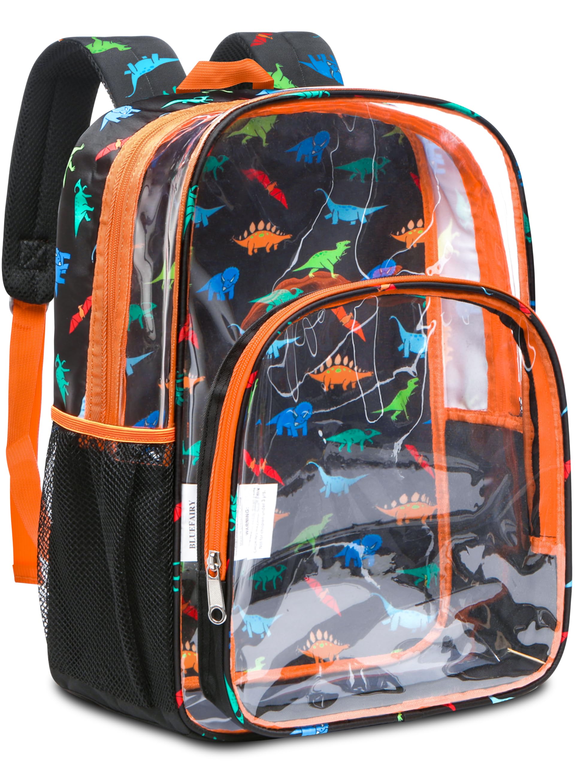 BLUEFAIRY Clear Backpack for Boys Heavy Duty Dinosaur Backpack Large 17" Transparent Bag Stadium Approved See Through Elementary Primary Back to School Bookbag for Kids Black Orange