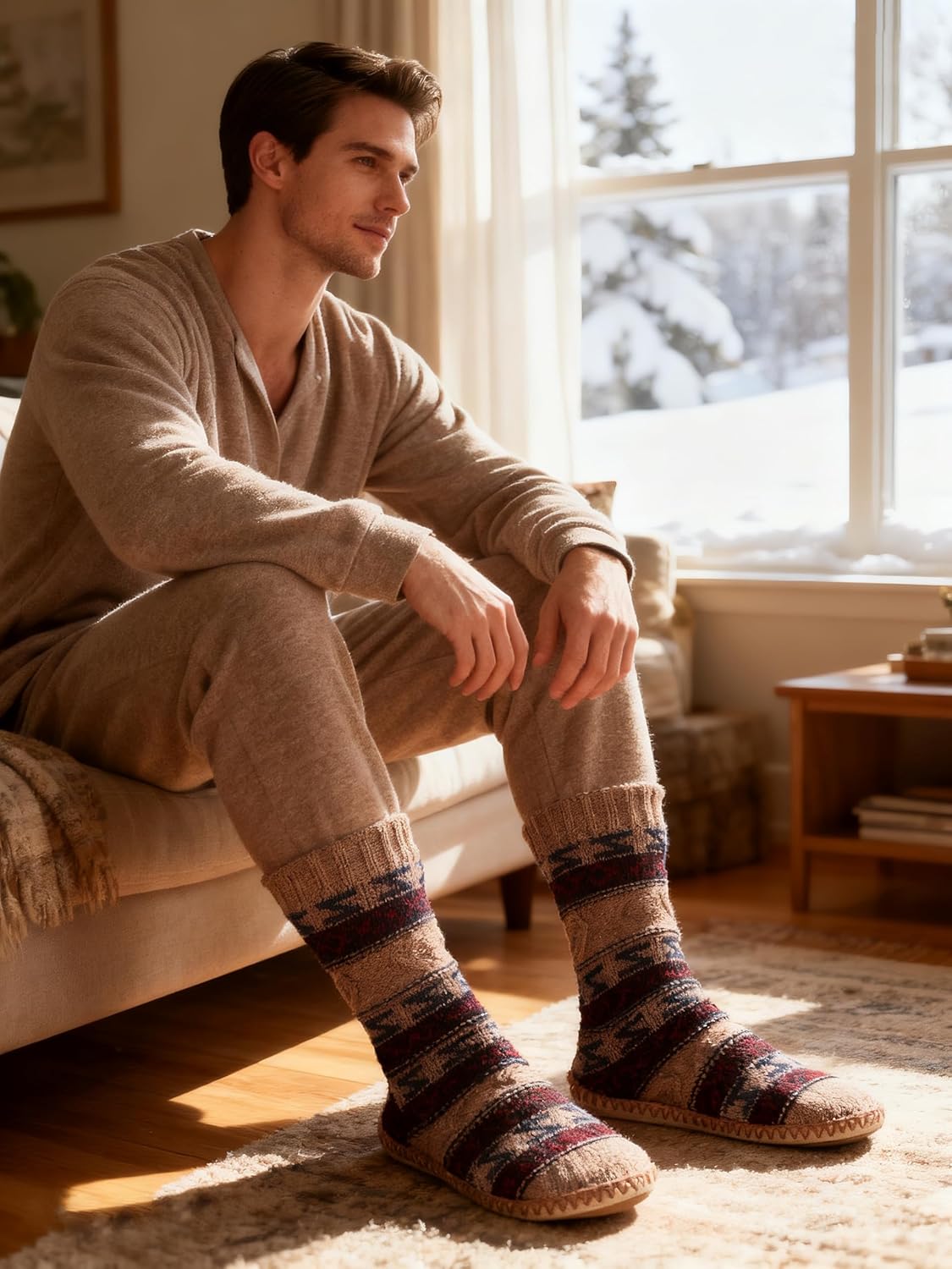 cosyone1997 Men's Slipper Socks, Winter Cable Knit Non-Skid Warm Slipper Socks, Cozy Soft Indoor Socks with Fluffy Sherpa Lined - Image 2