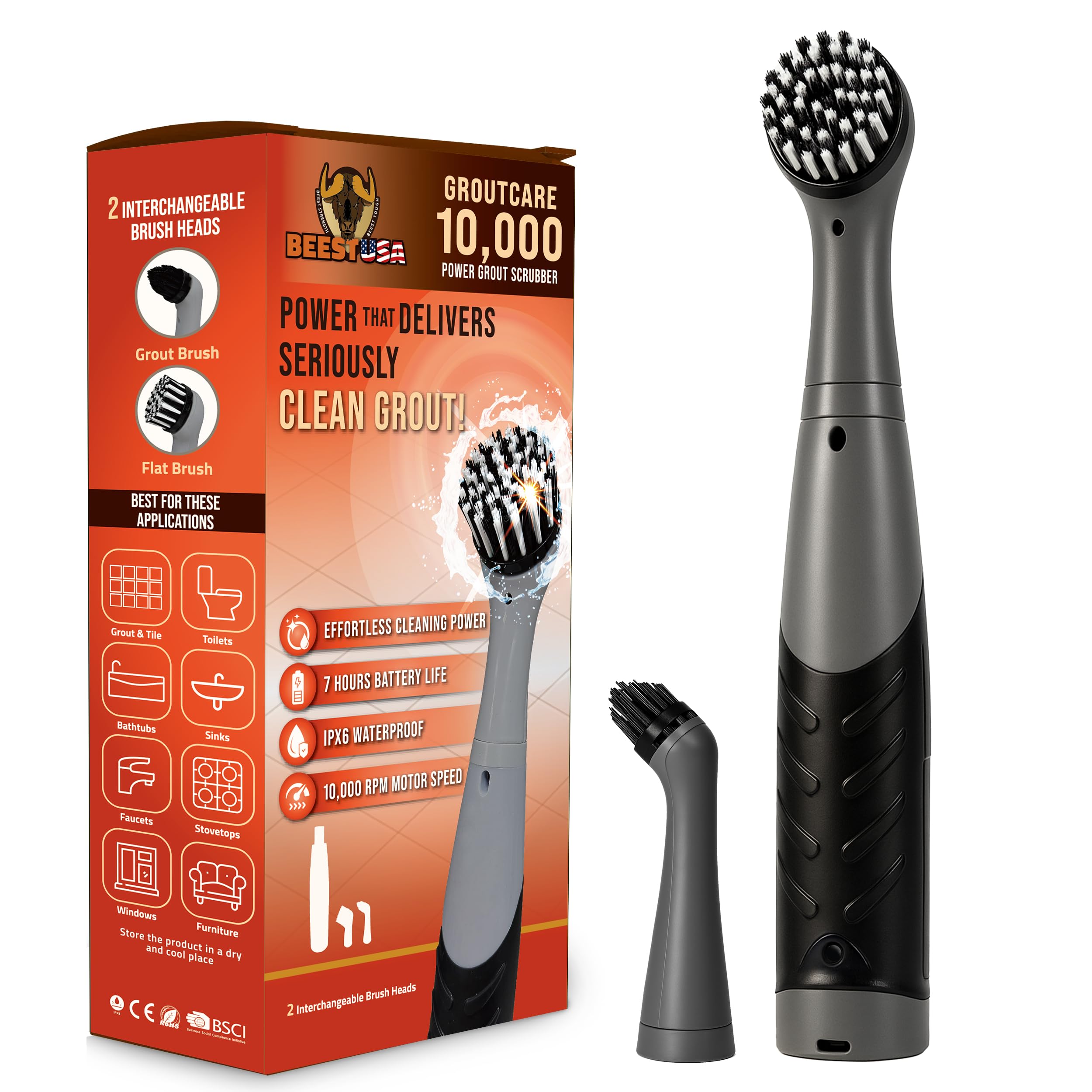 BEEST GroutCare 10000 Electric Spin Scrubber - Bathroom Cleaning Brush w 2 Replaceable Heads IPX6 Waterproof - Cordless