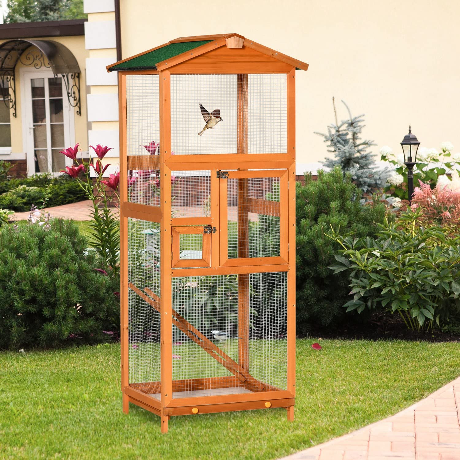 PawHut Jaula para Pájaros Grande 68x63x165 cm Madera | Pajarera de Madera de Abeto, 2 Puertas, Bandeja Extraíble, Techo Asfáltico