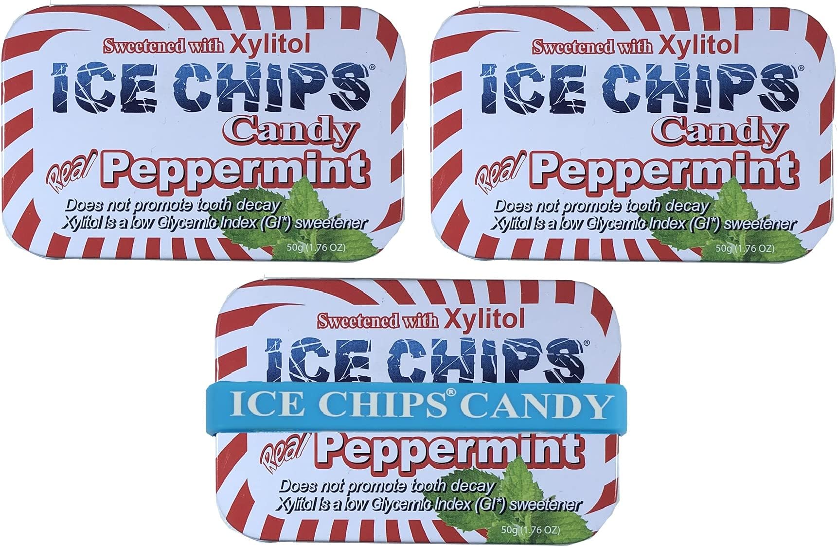 ICE CHIPS Xylitol Candy Tins 5.28 oz total (Peppermint, 3 Pack) - Includes BAND as shown