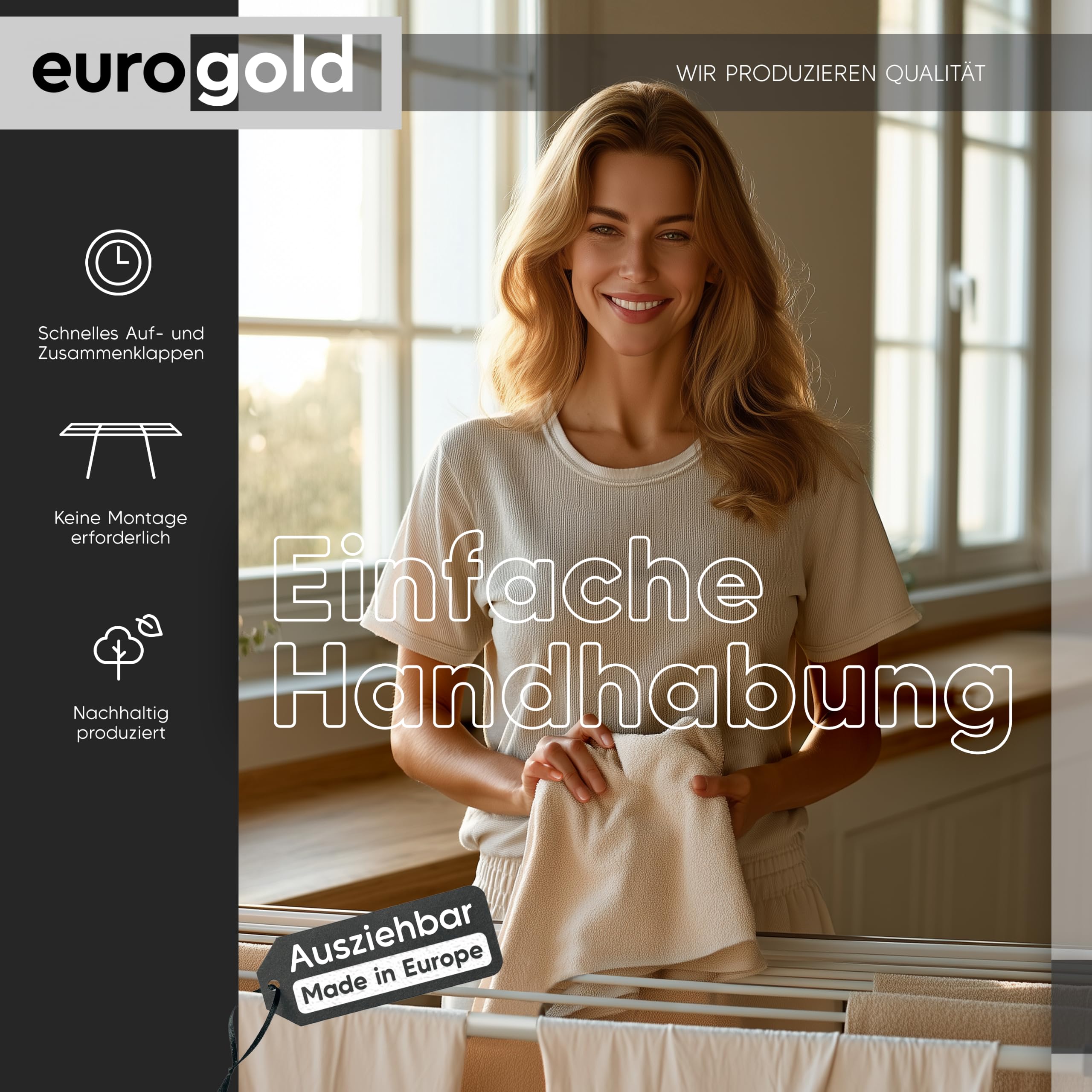 EUROGOLD Wäscheständer Ausziehbar 20m, Trockenständer für Bettwäsche Weiß | Stabiler Wäscheständer Klappbar ohne Querstrebe, Großer Trockenständer für Bettwäsche, Balkon, Garten & Zuhause