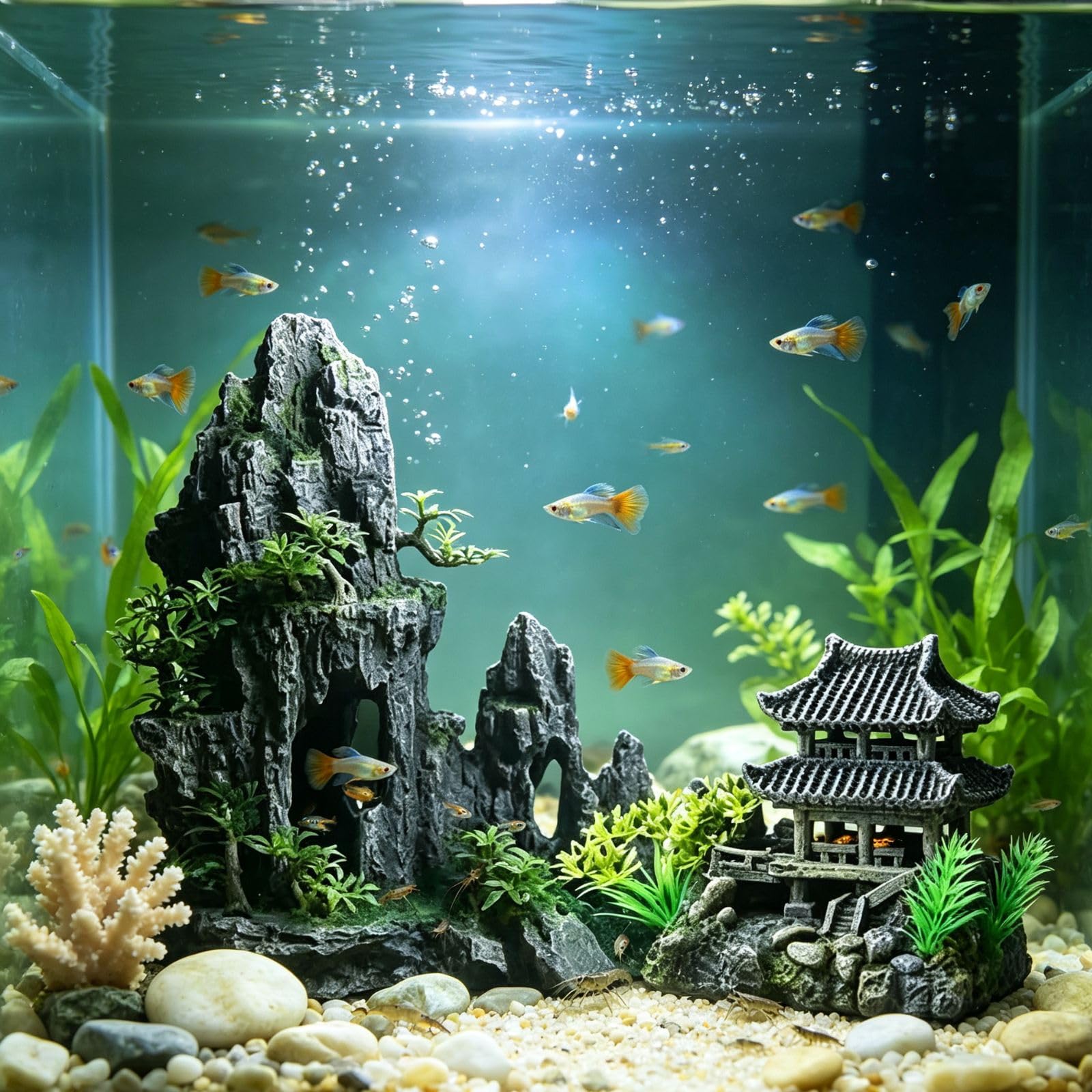 Saim Extra große Aquarium-Dekorationen, Harzschloss und künstlicher Felsen mit Pflanzen (alter Tempel mit Berg), Fischversteck Höhle für Amano-Garnelen, Buntbarsch zum Spielen, Verstecken und Ausruhen