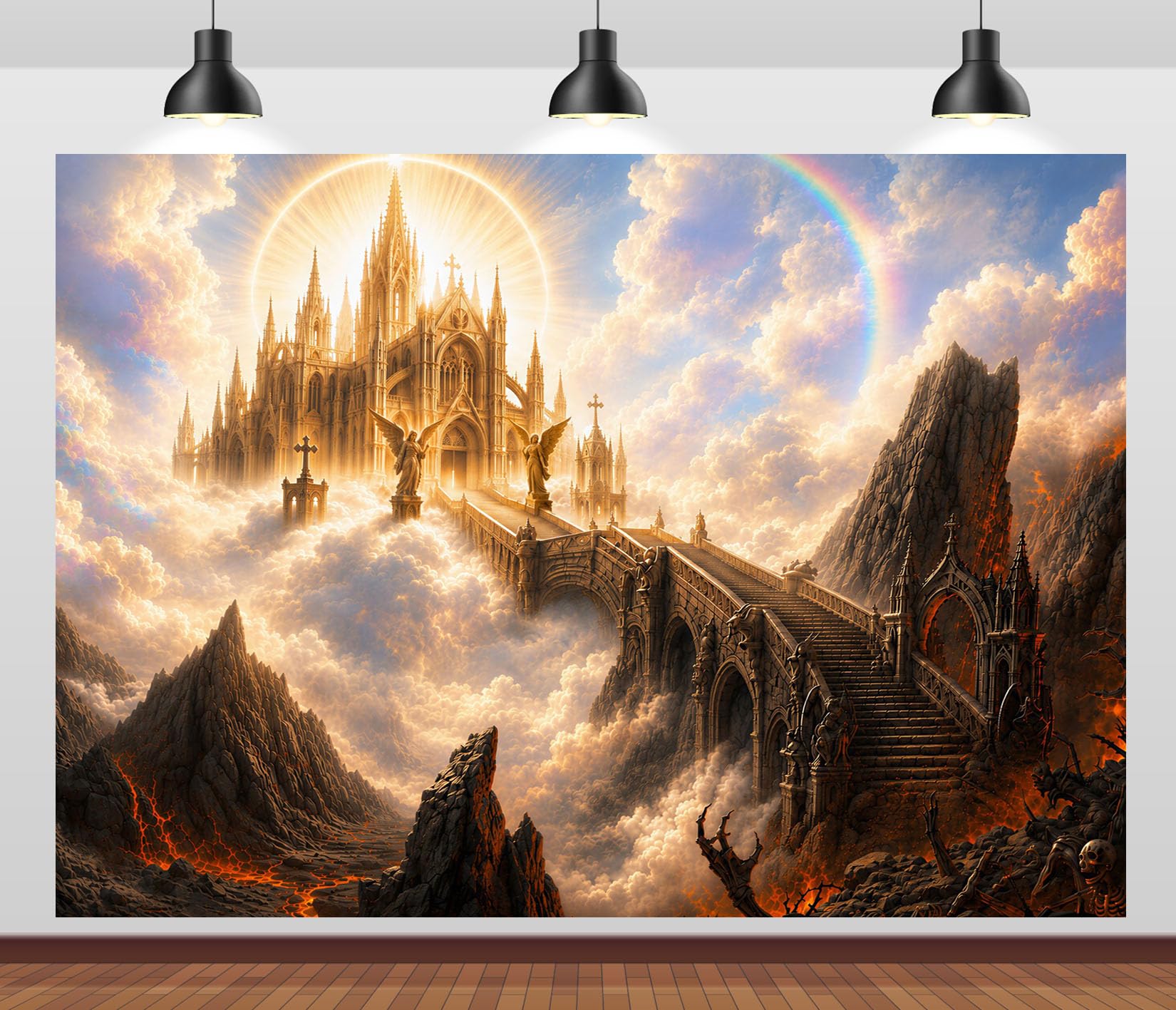 12x10FT (3.6x3m) Castello Celeste Valle Di Lava Sfondo Fotografico | Regno Gotico Soleggiato Fondale In Tessuto,Ponte Tra Nuvole Vulcani E Arcobaleno,Eventi Fantasy,Personalizzabile,Photo Booth