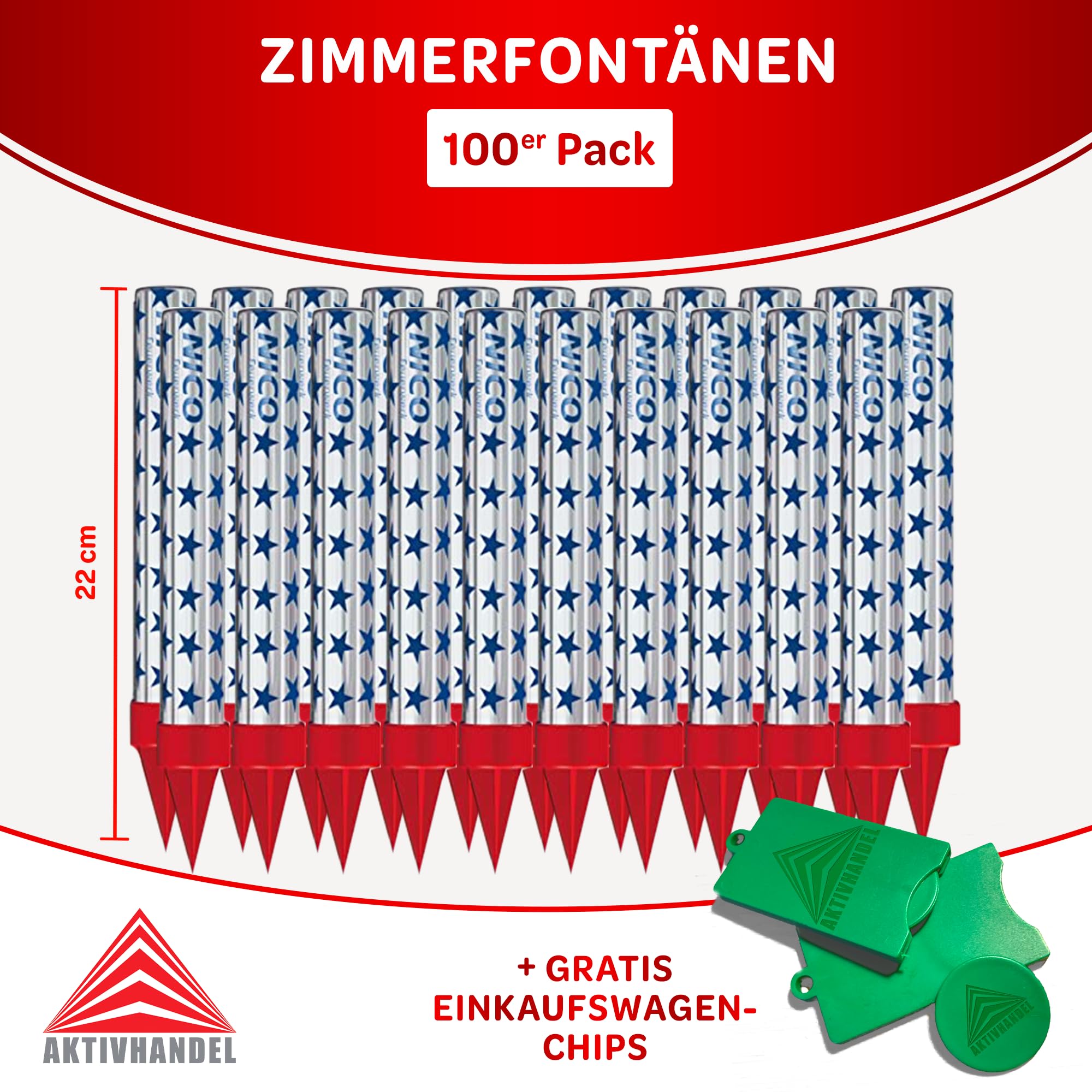 100 Zaubersterne, Fontänen für Torten und Kuchen, für drinnen und draußen, Zimmerfontänen, 50 Sekunden Brenndauer, Kat F1 Feuerwerk inkl. Einkaufswagenchip