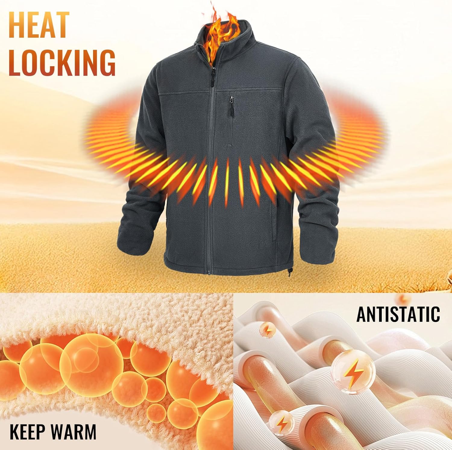 Men's Fleece Jacket Full Zip Lightweight Outerwear Jackets Multi-Pockets Soft Warm Winter Coats for Hiking Travel - Image 3