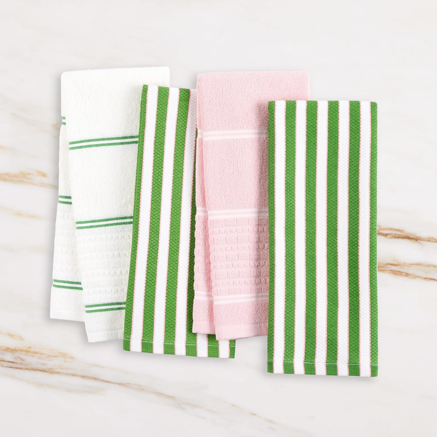 Kate Spade New York Botanical Stripe Kitchen Towels 4-Pack Set, Absorbent 100% Cotton, Green/Pink, 17"x28" - Image 2