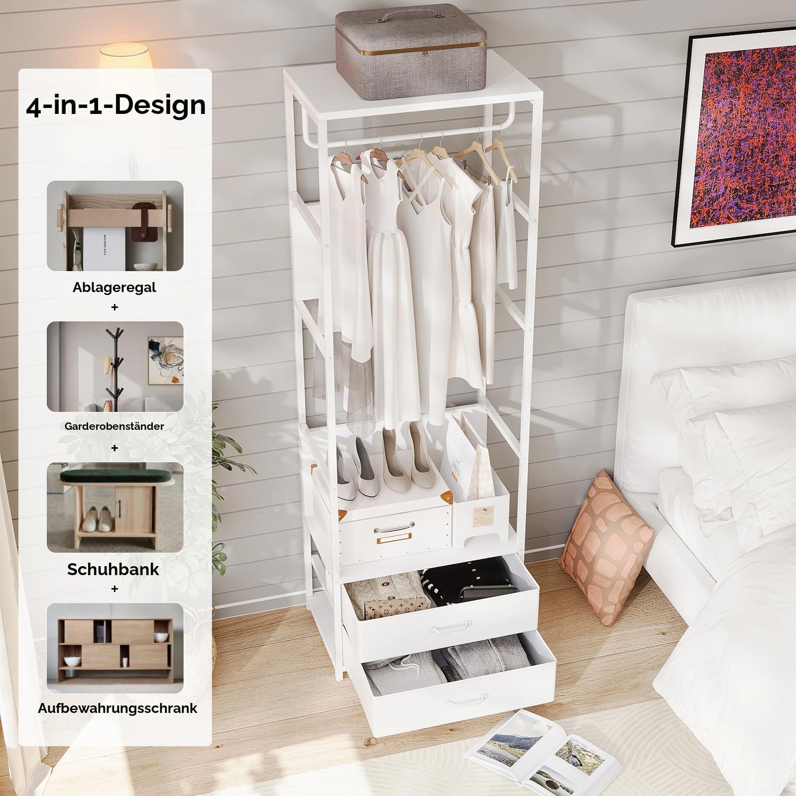 VOWNER Garderobenständer mit Schuhbank, 60cm Flurgarderobe, Kleiderständer, Garderobe mit 2 Schubladen und Kleiderstange, für Flur, Schlafzimmer, Wohnzimmer, Weiß, 60x180x40 cm