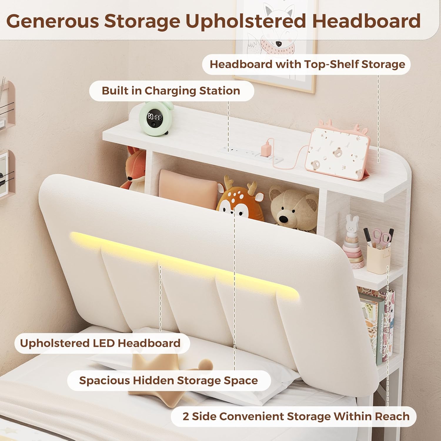 Twin Bed Frames with Storage Headboard for Kids, Upholstered White Bed Frame Twin Size with Storage Drawers and Charging Station,Velvet Platform Metal Bed, Noise-Free, No Box Spring Needed