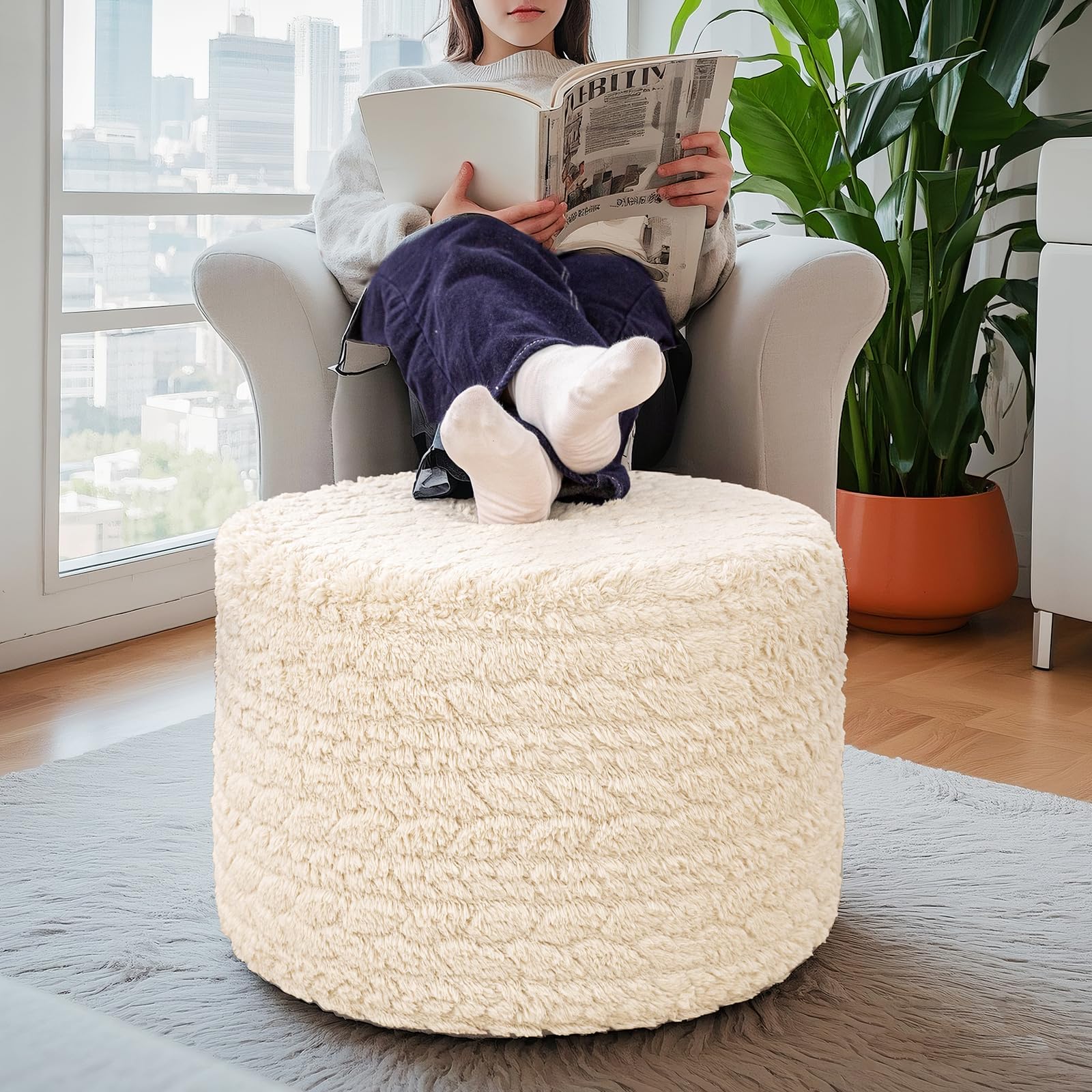 Round Pouf Ottoman 20 x 20 x 14 Inches Boho Poof Home Decor Floor Pouffe Ottoman Foot Rest for Couch Sofa Bean Bag Chairs Living Room Bedroom (Linen White)