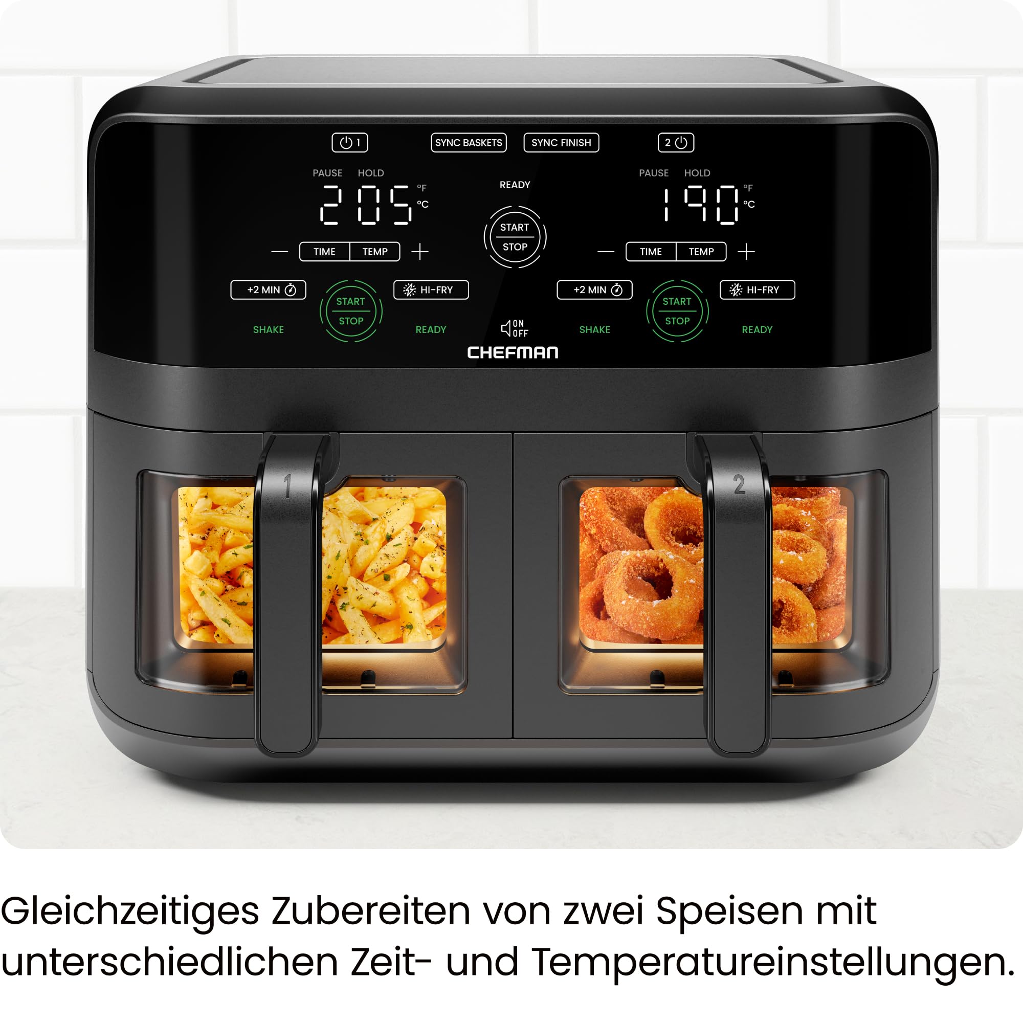 Chefman 5,6L Doppelkorb-Heißluftfritteuse 2100W, Sync-Finish, Hi-Fry