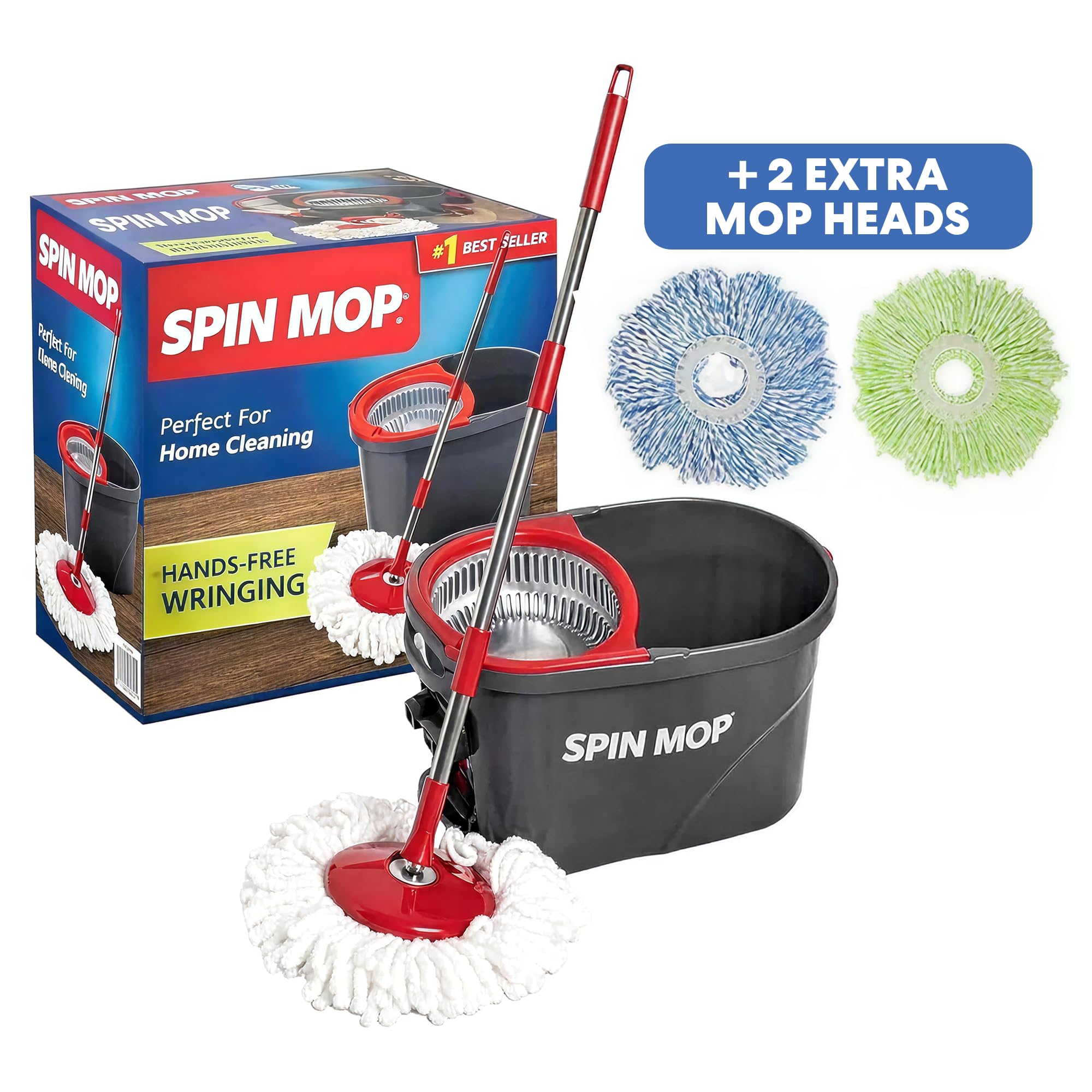 SIMPLI-MAGIC 79349 Spin Mop Cleaning System with 3 Microfiber Mop Heads, Red/GRAY,Red/Black