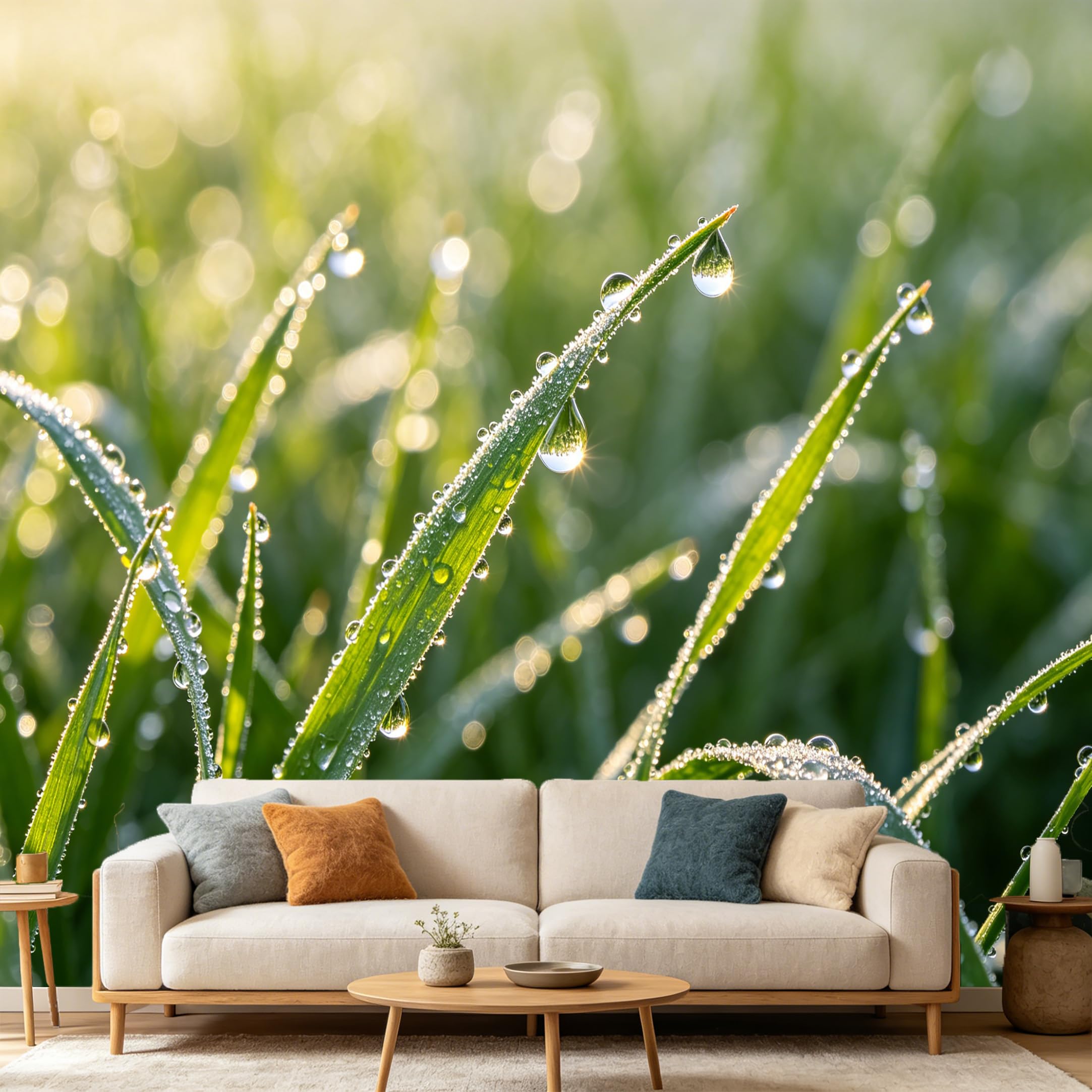 Custom Size Wall Mural Morning Dew Drops on Fresh Plant Blades Macro Nature Photography SelfAdhesive Art Prints wall Fabric（No PVC） Removable Wallpaper Home Bedroom Decor