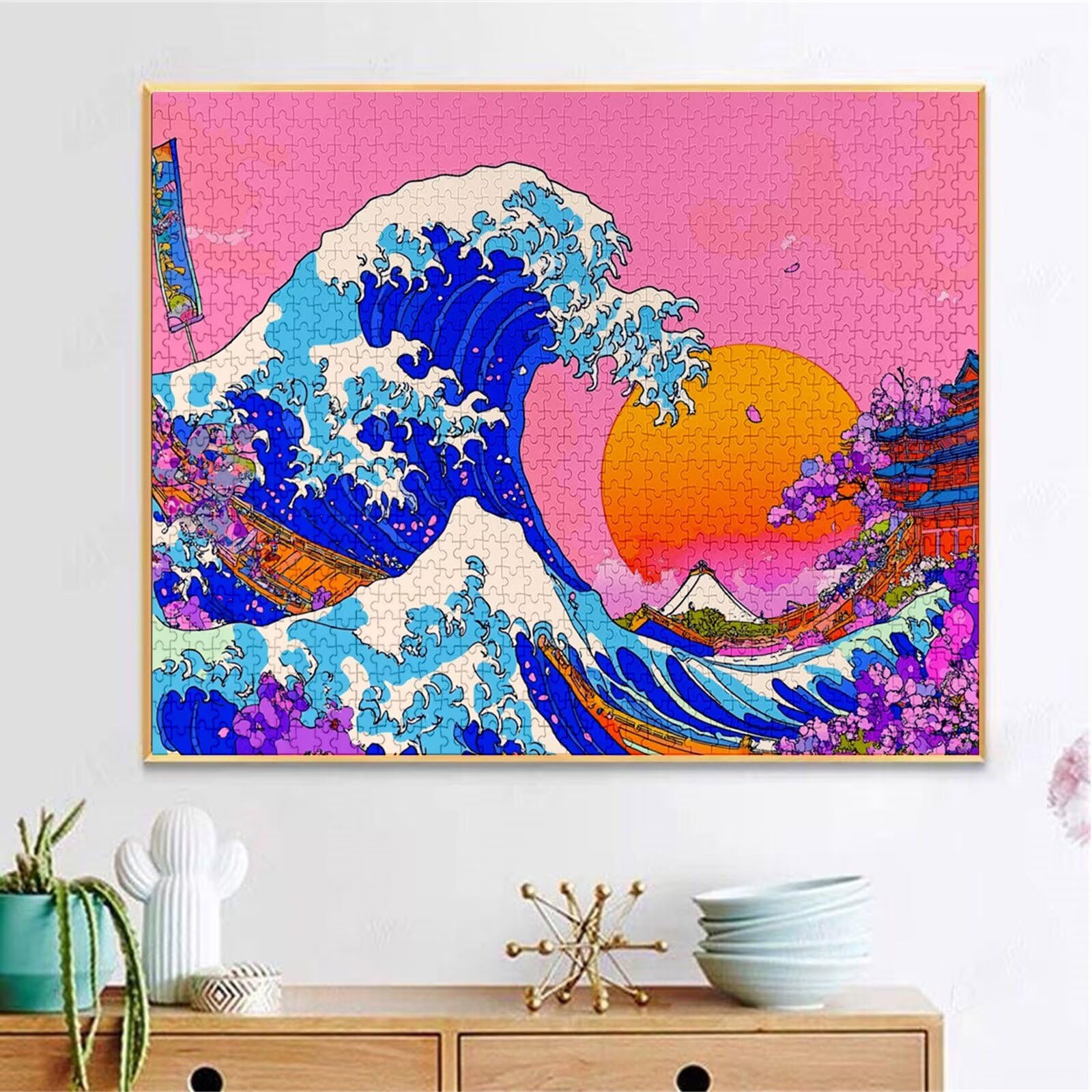 Japan Puzzle 1500 sztuk Puzzle dla dorosłych DIY klasyczna gra, puzzle w kształcie fal, Relaks i inteligencja dla 14-letnich chłopców 87 x 57 cm/1500 sztuk z drewnianym pudełkiem prezentowym H-2173