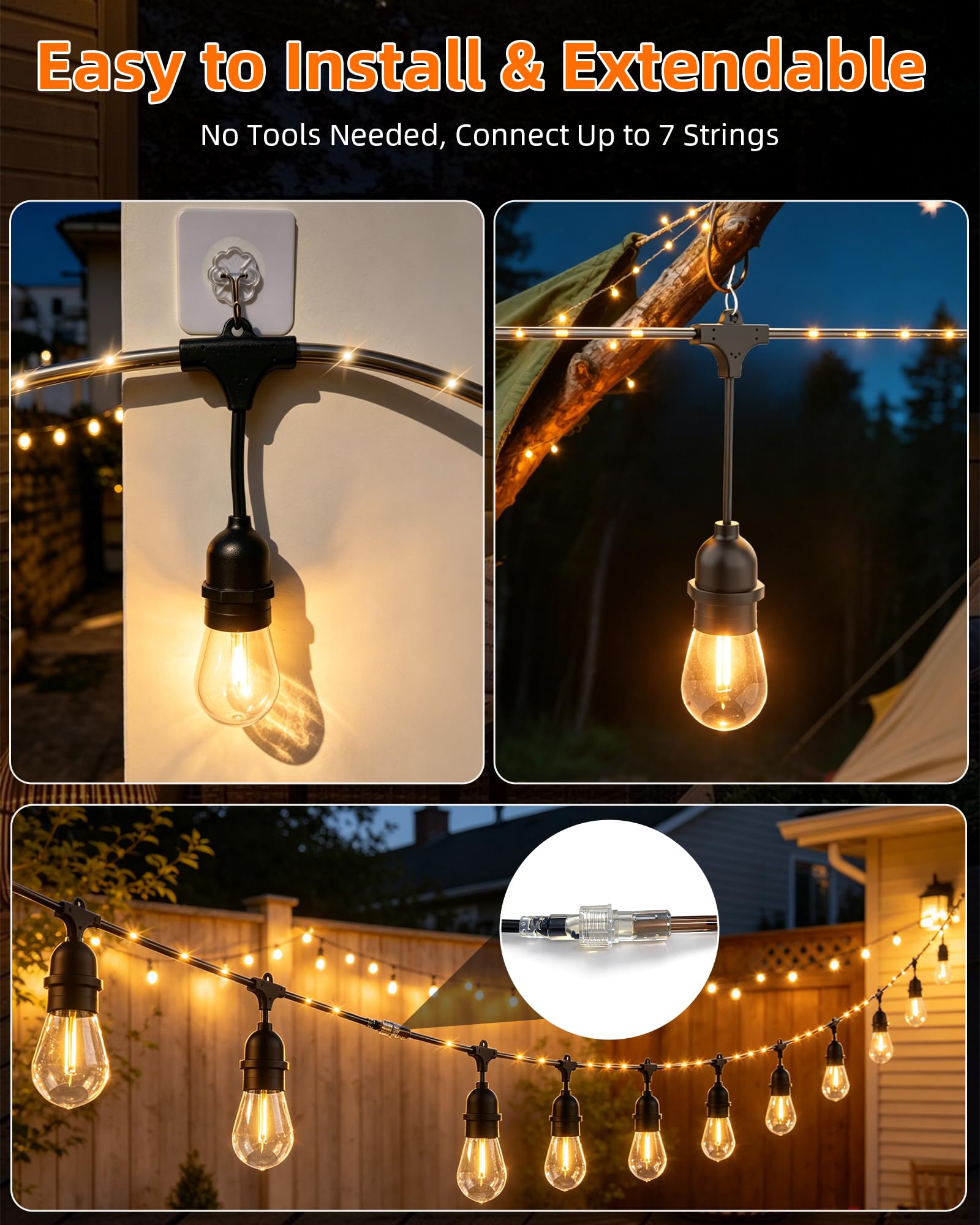 Guirnalda de luces para exteriores, 72 LED, impermeable, para patio, patio, inastillable, 12 bombillas Edison vintage, iluminación colgante para porche, jardín, patio trasero, cafetería, 6,2