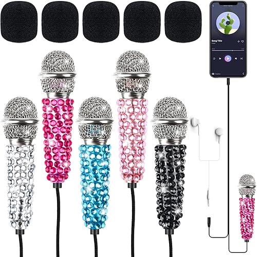 5 mini micrófonos portátiles de instrumento vocal para teléfono micrófono de karaoke Asmr con 5 calcomanías de diamantes de imitación conector de