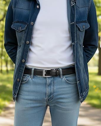 maikun Mens Black Leather Belt, Casual Dress Belt with Adjustable Buckle | Mens Belt for Jeans Office Business