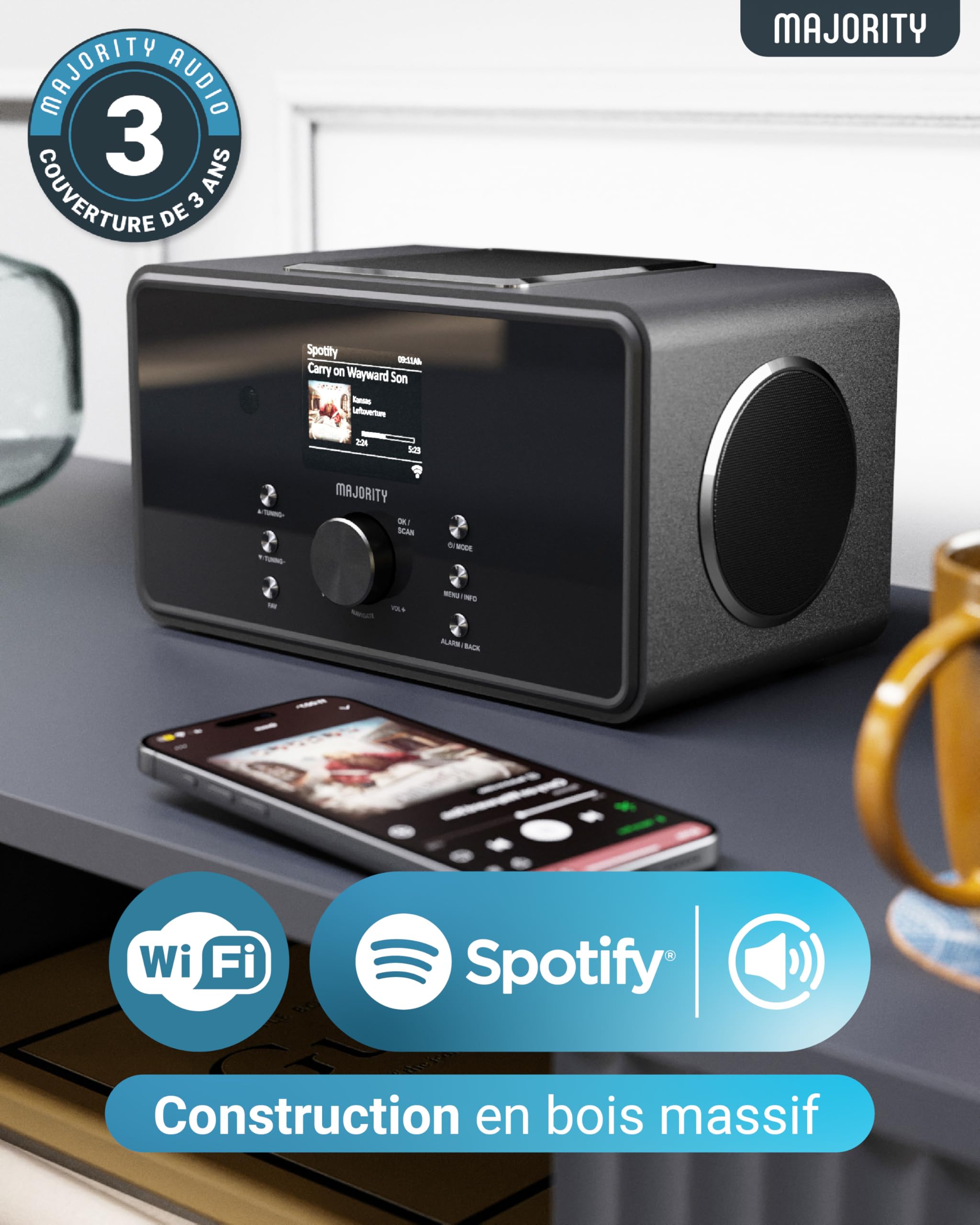 Radio Internet WiFi avec Bluetooth | Radio Dab Plus & FM | 100W 2.1 Caisson de Basse Interne pour Xtra Bass | Spotify Connect & Podcasts | Télécommande Incluse & OKTIV App Control | MAJORITY Bard