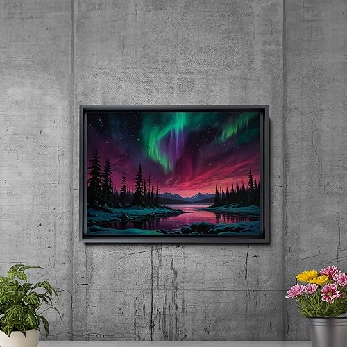Miniatura 5 de Aurora Borealis, Northern Lights Art, framed canvas print, snow capped mountain landscape art, synthwave vaporwave, Art Decor, Wall