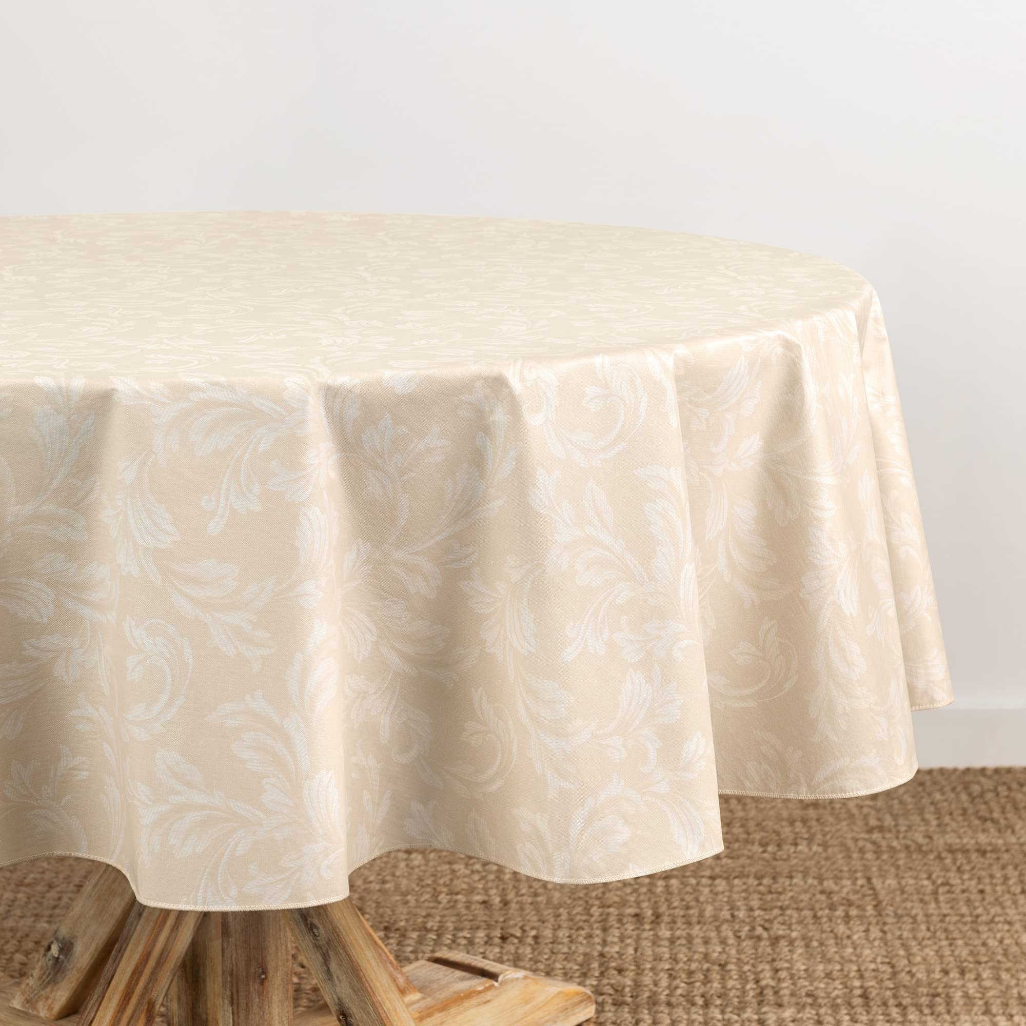Elrene Home Fashions Camile Floral Damask-Scroll Water- and Stain-Resistant Vinyl Tablecloth with Flannel Backing, 60 Inches X 84 Inches, Oval, Ivory