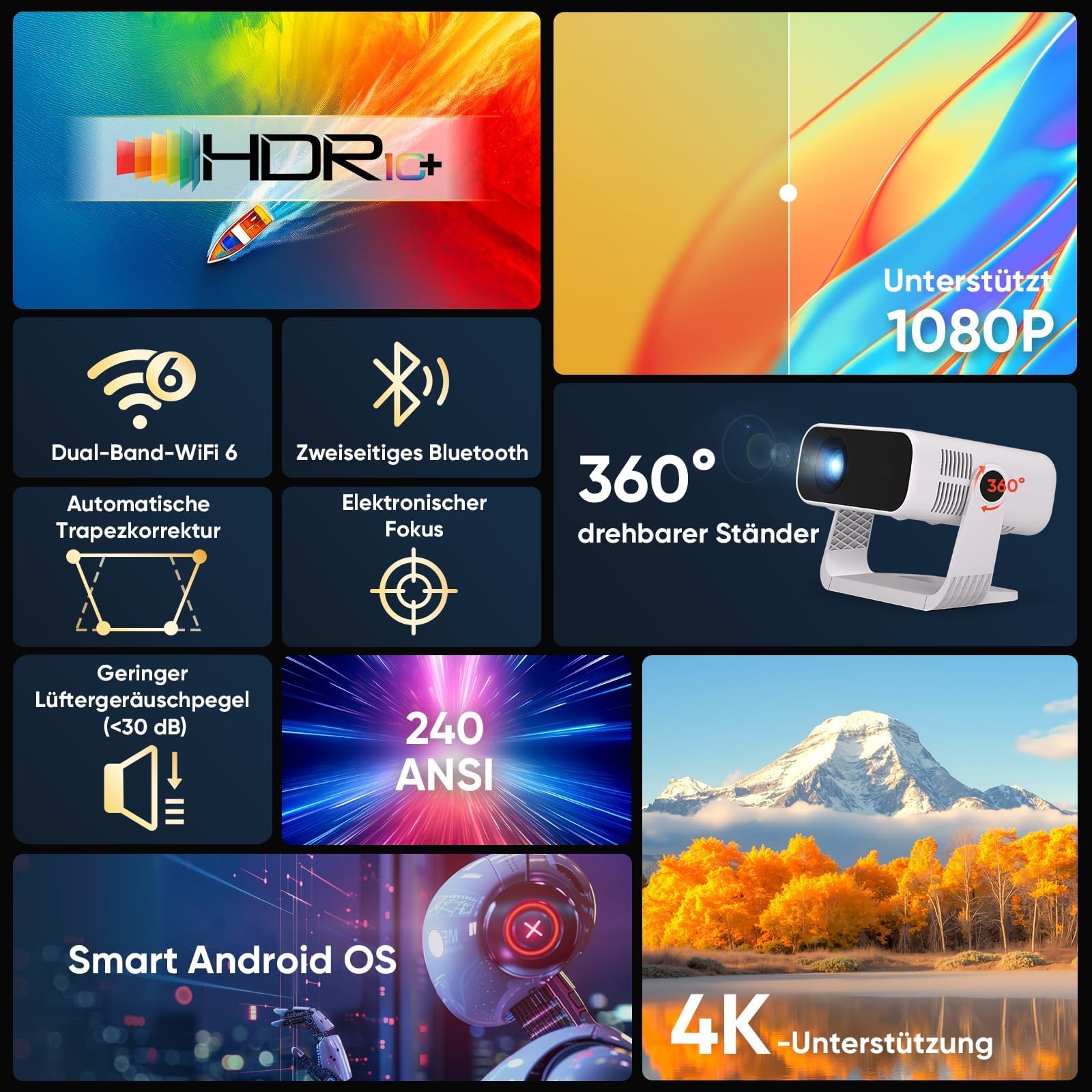 2026 Neuer Smart Mini Beamer Integrierte APP, Android 14, Unterstützt 1080P und 4K-Dekodierung, Automatische Trapezkorrektur, WiFi6 & BT5.2 ，Beamer 4K Heimkino für Handy/HDMI/PC