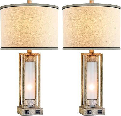 Miniatura 8 de RORIANO Juego de 2 lámparas de mesa de granja de 25 pulgadas para sala de estar con puertos USB A+C, lámpara de mesita de noche rústica con luz