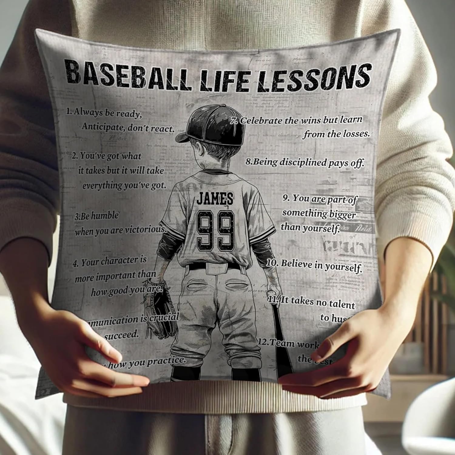 Personalized Kid Baseball Life Lessons Pillows - Gift for Young baseball Lovers, Personalized baseball Pillow - USA Made - Baseball Pillow with Jersey Number, Name - BASEBALL PILLOW For Boys Room