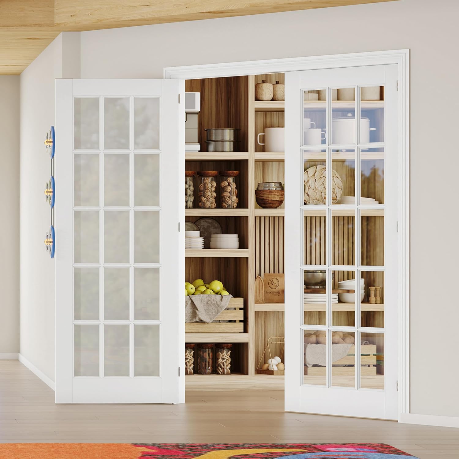 French Doors, 72" x 80", 15-Lite Clear Glass Pantry Door, Prehung Interior Door for Home and Laundry, Solid Core & MDF with Door Jamb & Hardware Kit - Easy to Install