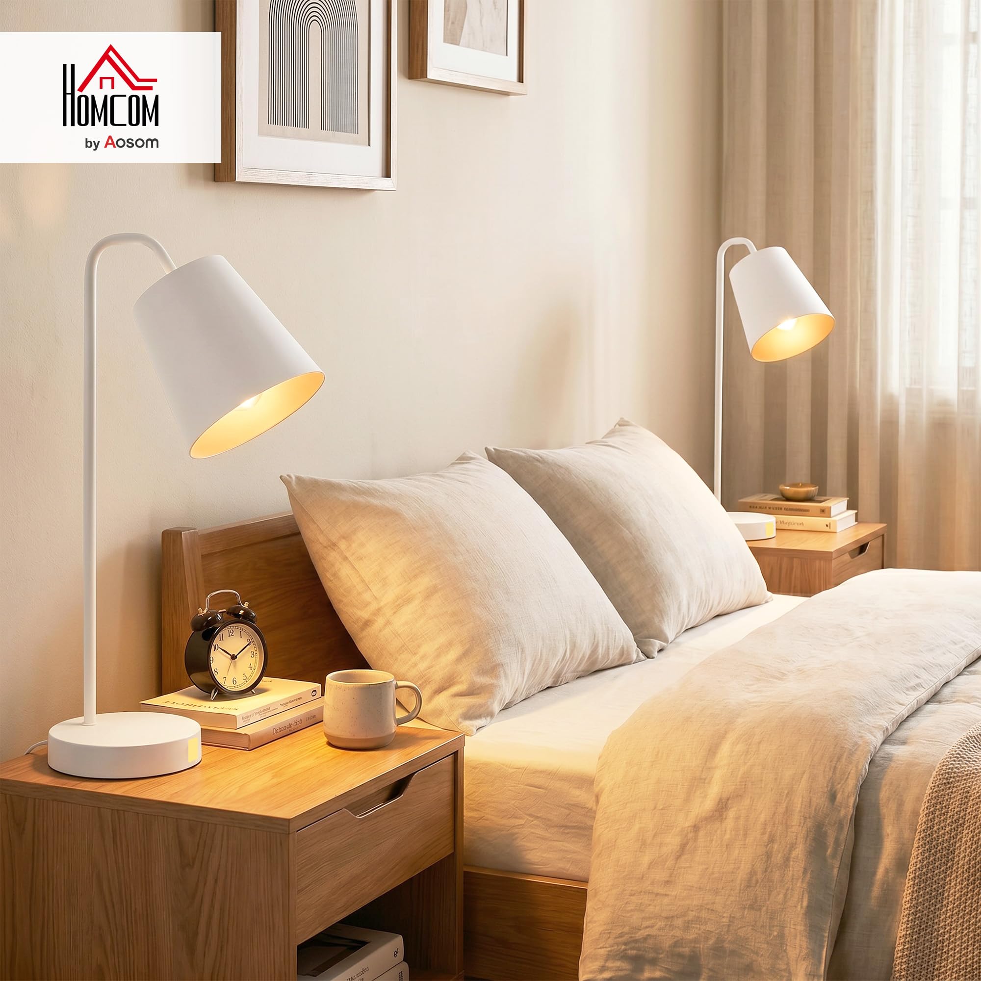 HOMCOM Set di 2 Lampade da Tavolo Moderne, Lampade da Scrivania in Acciaio con Porte USB, Attacco E27, Lampadina non Inclusa, per Salotto, Studio e Camera da Letto, Bianco