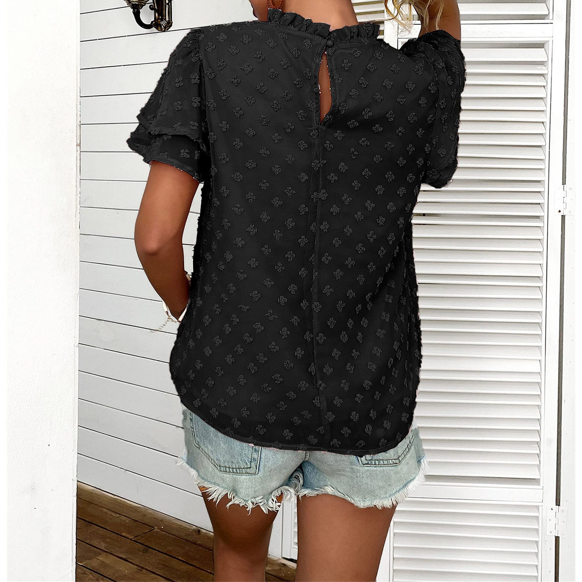 Women's Swiss Dot Casual Tops Short Sleeve Crewneck Chiffon Blouses Cute Solid Color Loose Pom Pom Shirts Tees (Medium,Black)