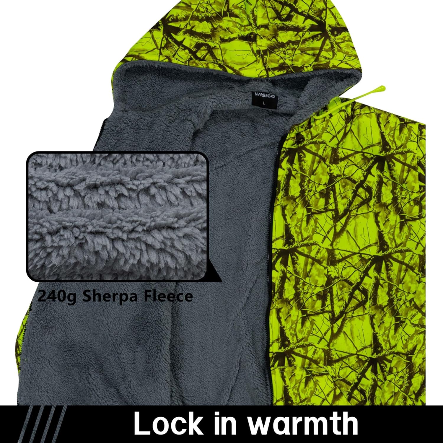 Safey High Visibility Hoodie for Men,Camo Hunting Wool Hi Vis Zip Up Jacket for Winter Constrution Work - Image 5