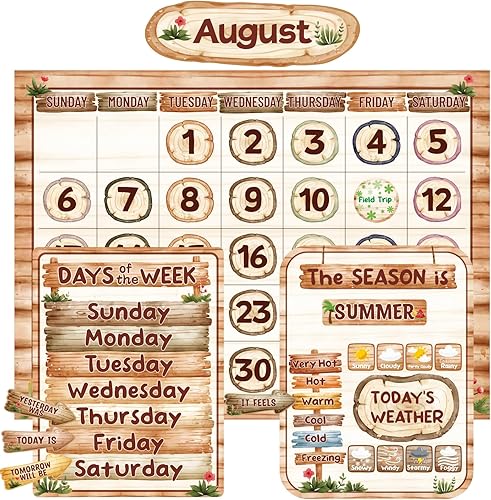 Fancy Land Juego de tablones de anuncios con calendario rústico para aula, diseño de grano de madera, decoración de tablón de anuncios para aula, 97