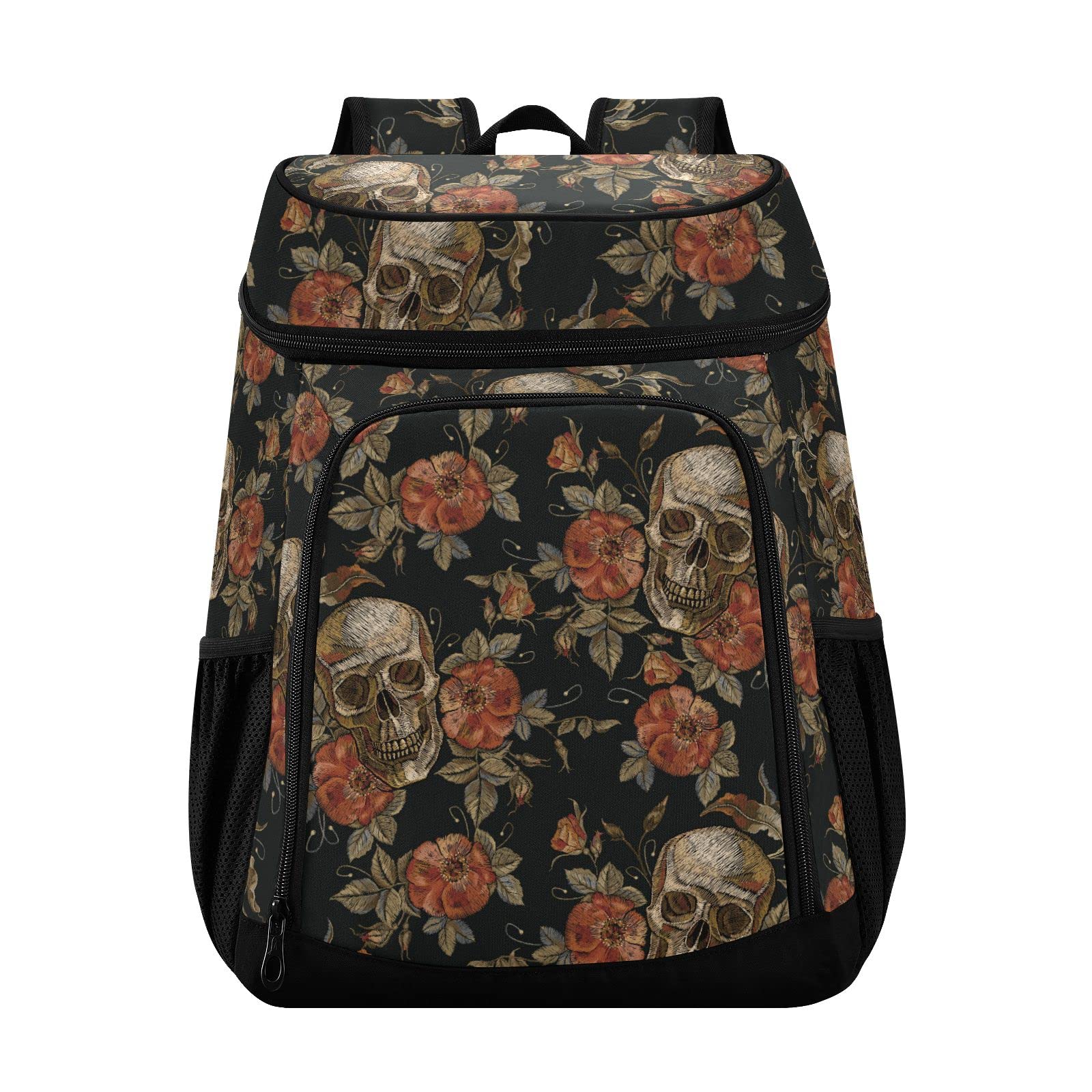 Bordado Vintage Skull and Roses Cooler Mochila reutilizable de gran capacidad con aislamiento para picnic, senderismo, camping, pesca