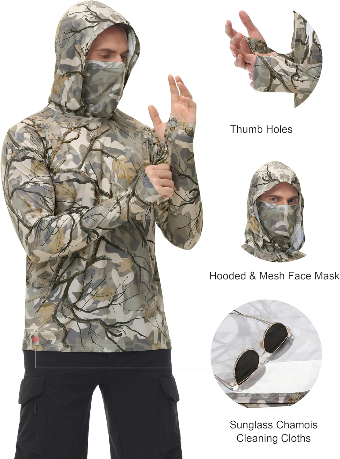 FISHEAL Men's Hunting Shirts with Mask - UPF 50+ Camo Long Sleeve Fishing Hoodie Shirt with Adjustable Drawstring - Image 3
