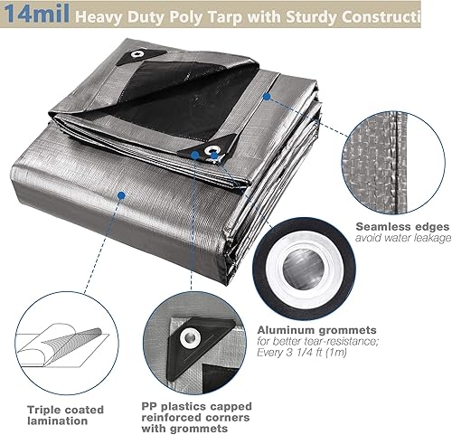 Miniatura 6 de Yescom Lona de Polietileno Reforzada de Servicio Pesado de 16 x 20 pies, 14 mil, Lona Impermeable Reversible, Cubierta de Lámina para Suelo, Lonas