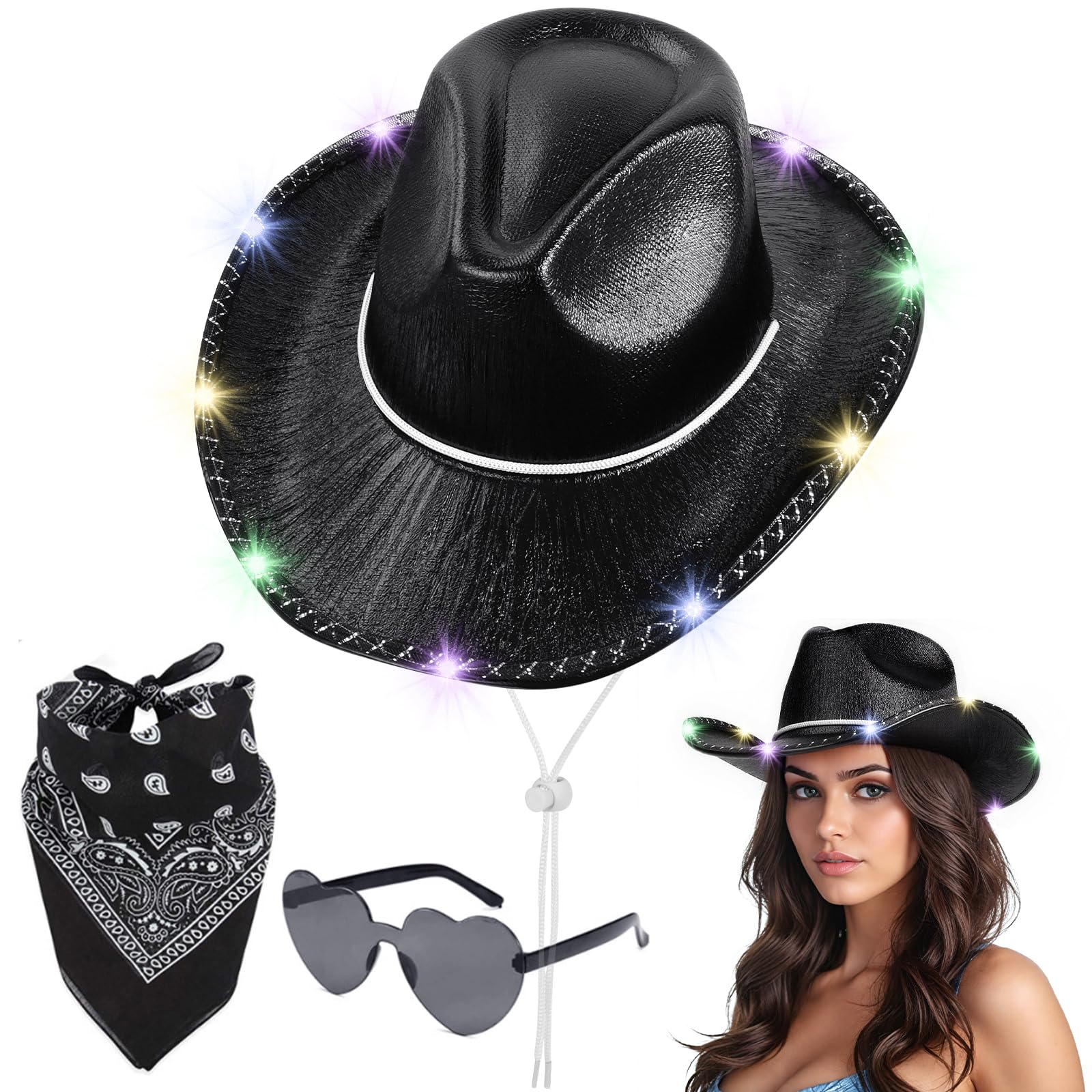 Aomig 3Pcs Cowboy Hat Fancy Dress Accessory, Cowboy Costume Set with Paisley Bandanna and Glasses, Western Cowboy Fancy Dress Costume for Birthday Halloween Bachelorette Bachelor Party Cosplay(Black) โ image 1