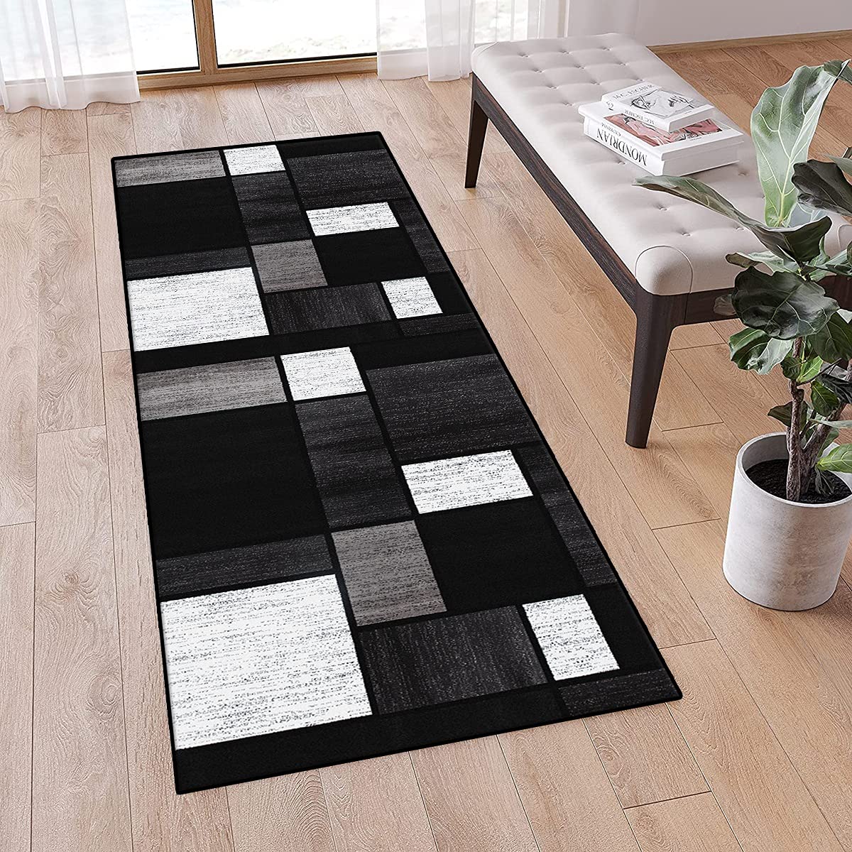 Teppich läufer Flur Grau Schwarz und Weiß rutschfest 80x250cm Küchenteppich Patchwork Waschbar Meterware Schlafzimmer Korridor Teppich Lang, 60/70/ 80/90/ 100/ 120cm Breit