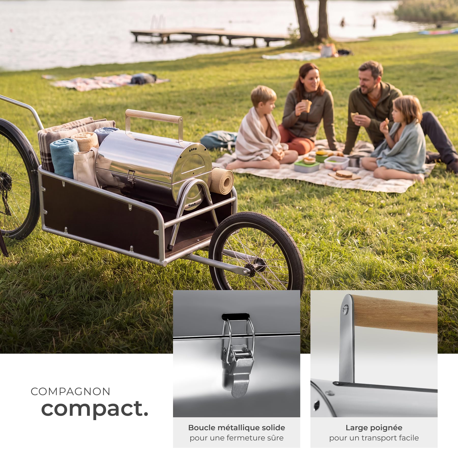 tectake® Barbecue portable avec double surface de cuisson, 42x30.5x44 cm | Acier inox, Couvercle pratique, Poignée en bois, Trous d'aération, Bacs à charbon amovibles, Pinces pour grille, Stabilité
