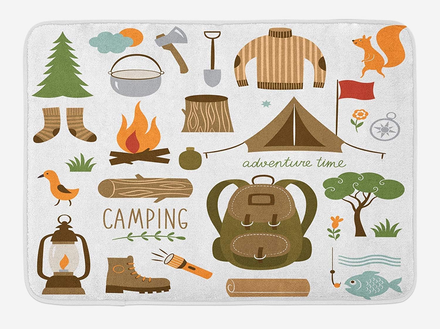 Adventure Bath Mat, Camping Equipment Sleeping Bag Boots Campfire Shovel Hatchet Log Artwork Print, Plush Bathroom Decor Mat with Non Slip Backing