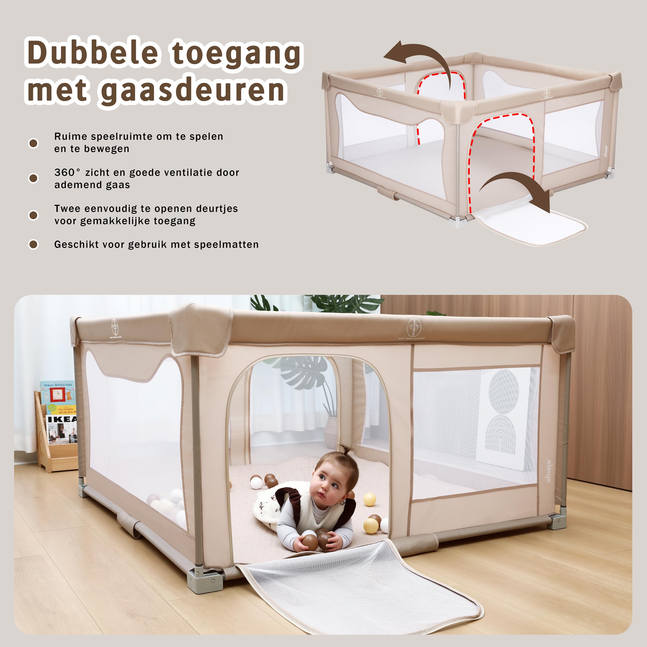 Bodenlaufstall Baby – Faltbarer Laufstall mit taupefarbener Spielmatte & 50 Bällen – Krabbelgitter – Baby Laufgitter – Playpen für Babys – 150 x 150 x 76,5 cm – Beige