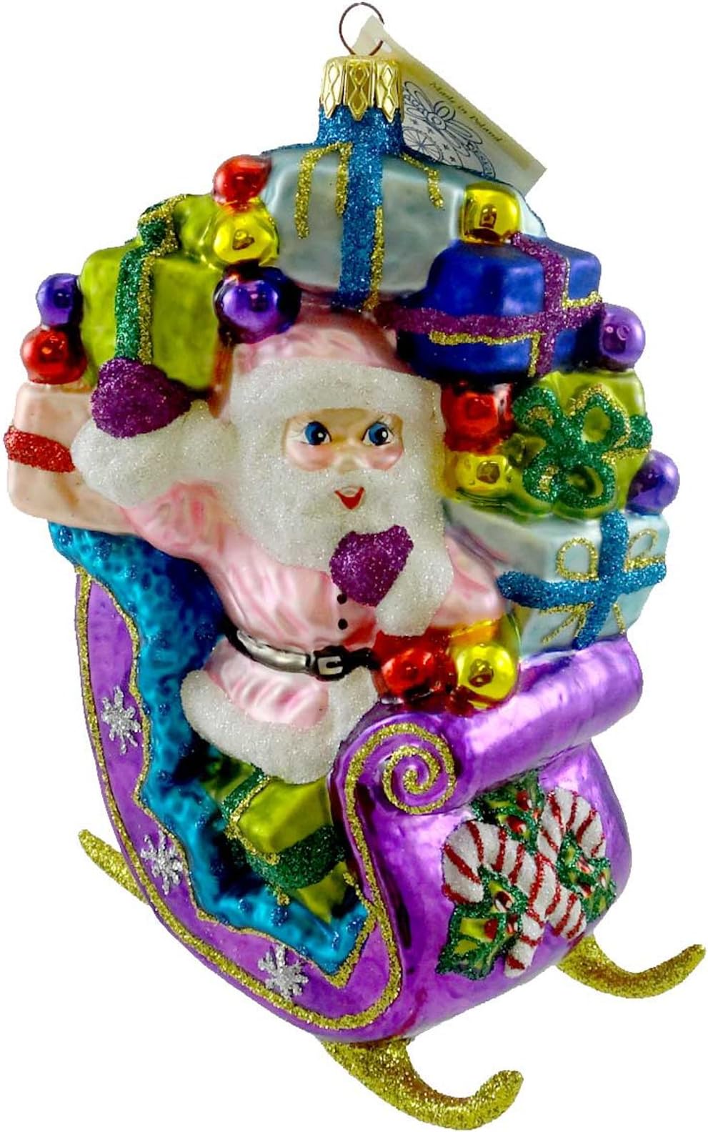 Larry Fraga FULL OF SURPRISE Blown Glass Ornament Sleigh Santa Christmas 6086